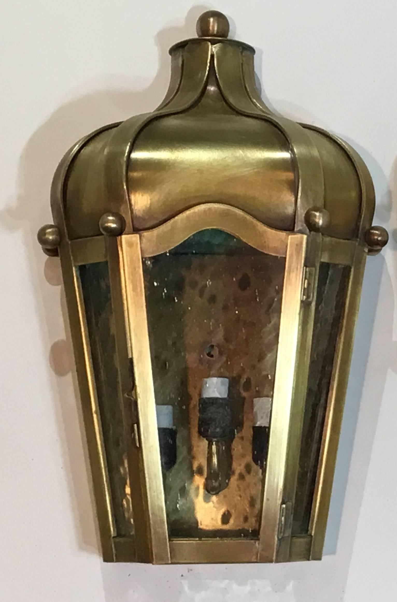 American Pair of Handcrafted Wall-Mounted Brass Lantern 