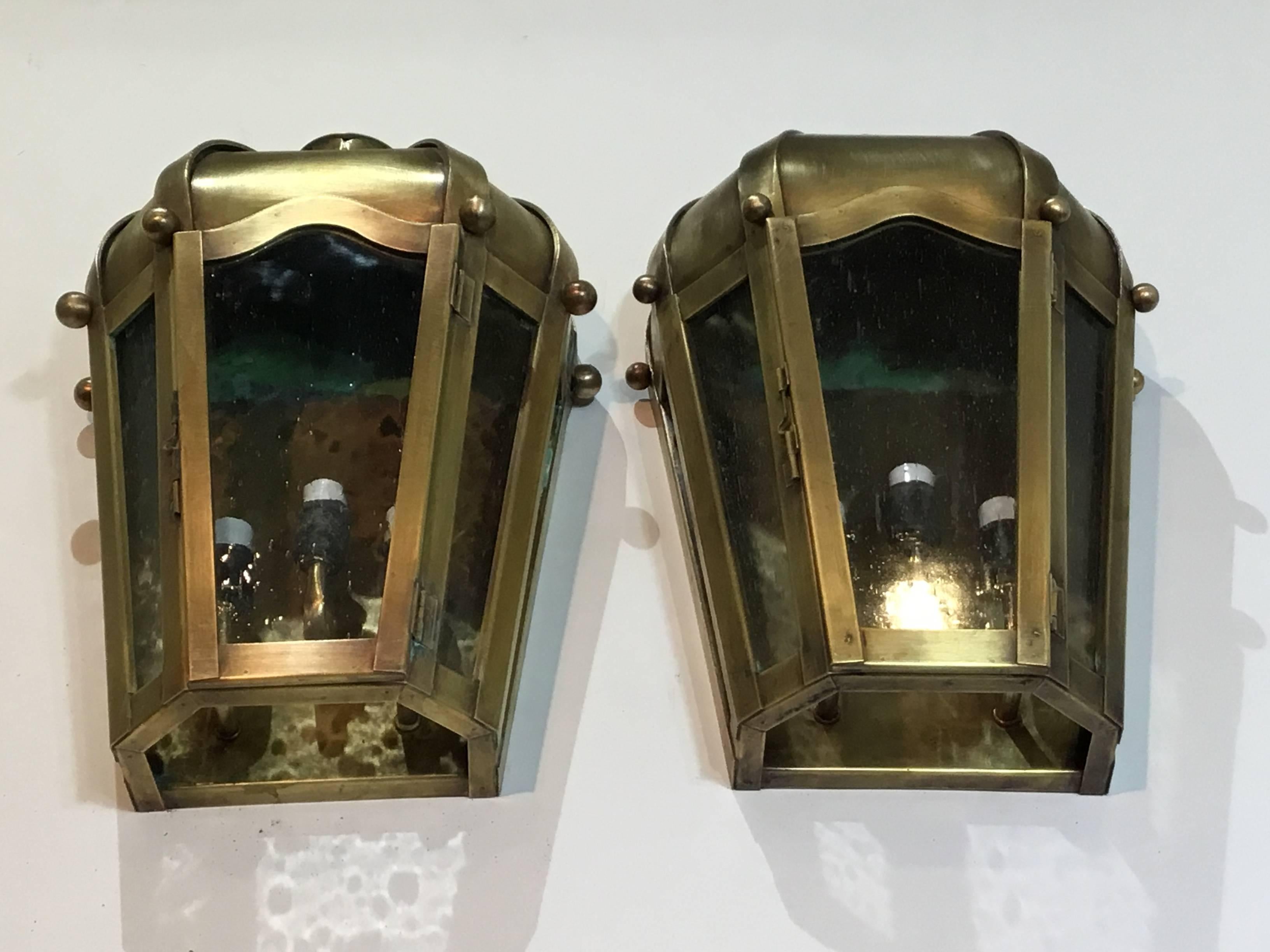 20th Century Pair of Handcrafted Wall-Mounted Brass Lantern 