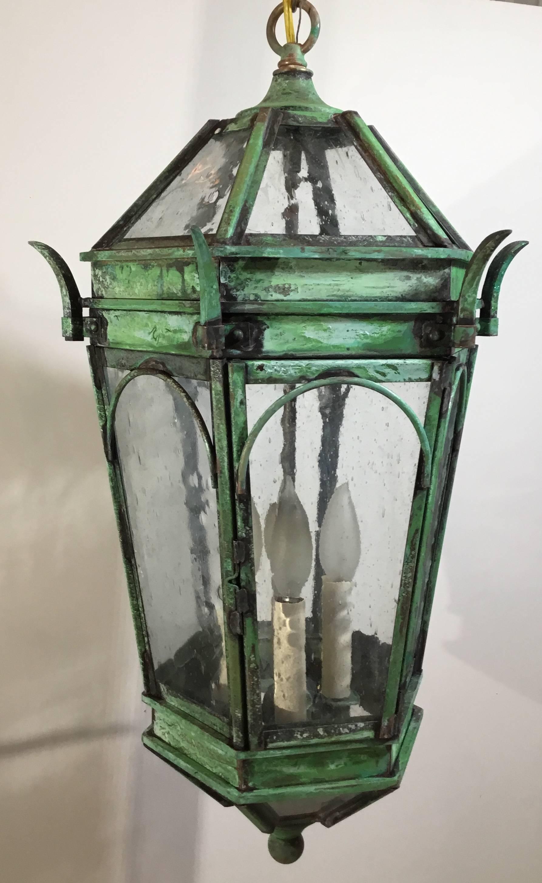 20th Century Hand Crafted Solid Brass Six Sides Hanging Lantern 