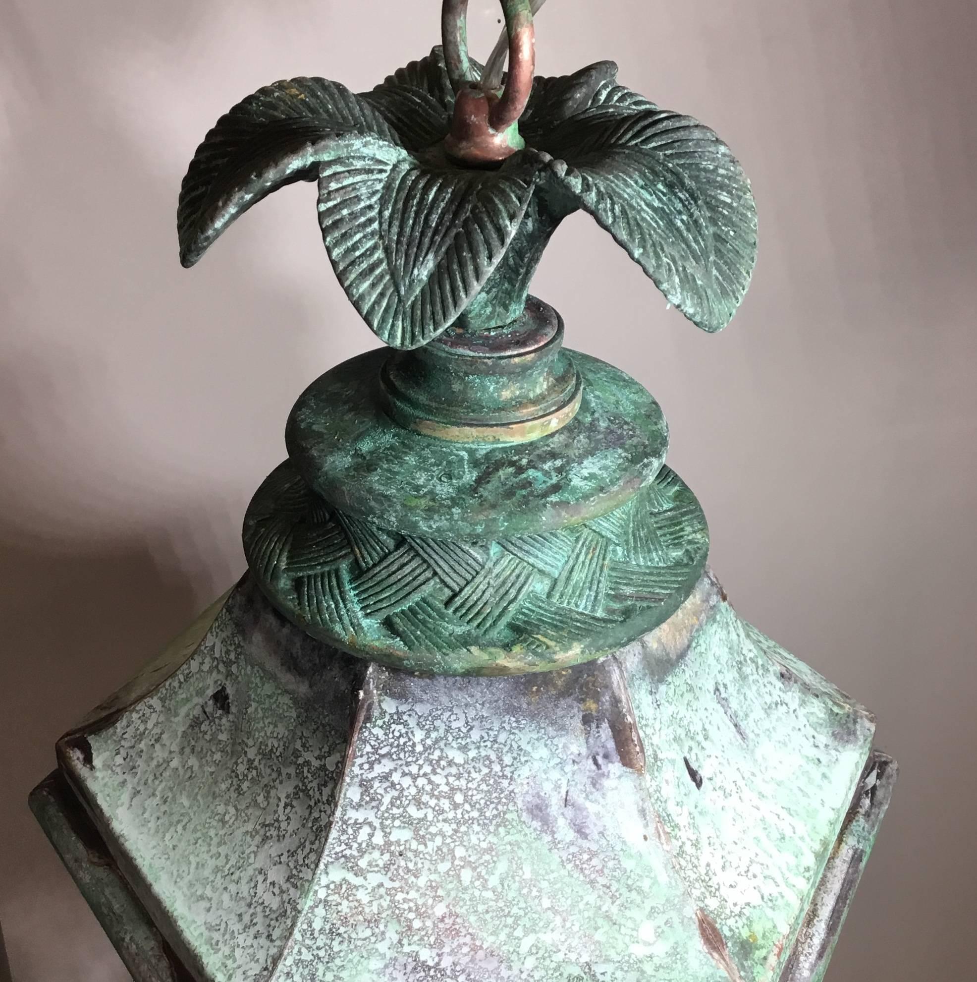 Hand Crafted Brass And Bronze Ceiling Hanging Lantern  In Excellent Condition In Delray Beach, FL