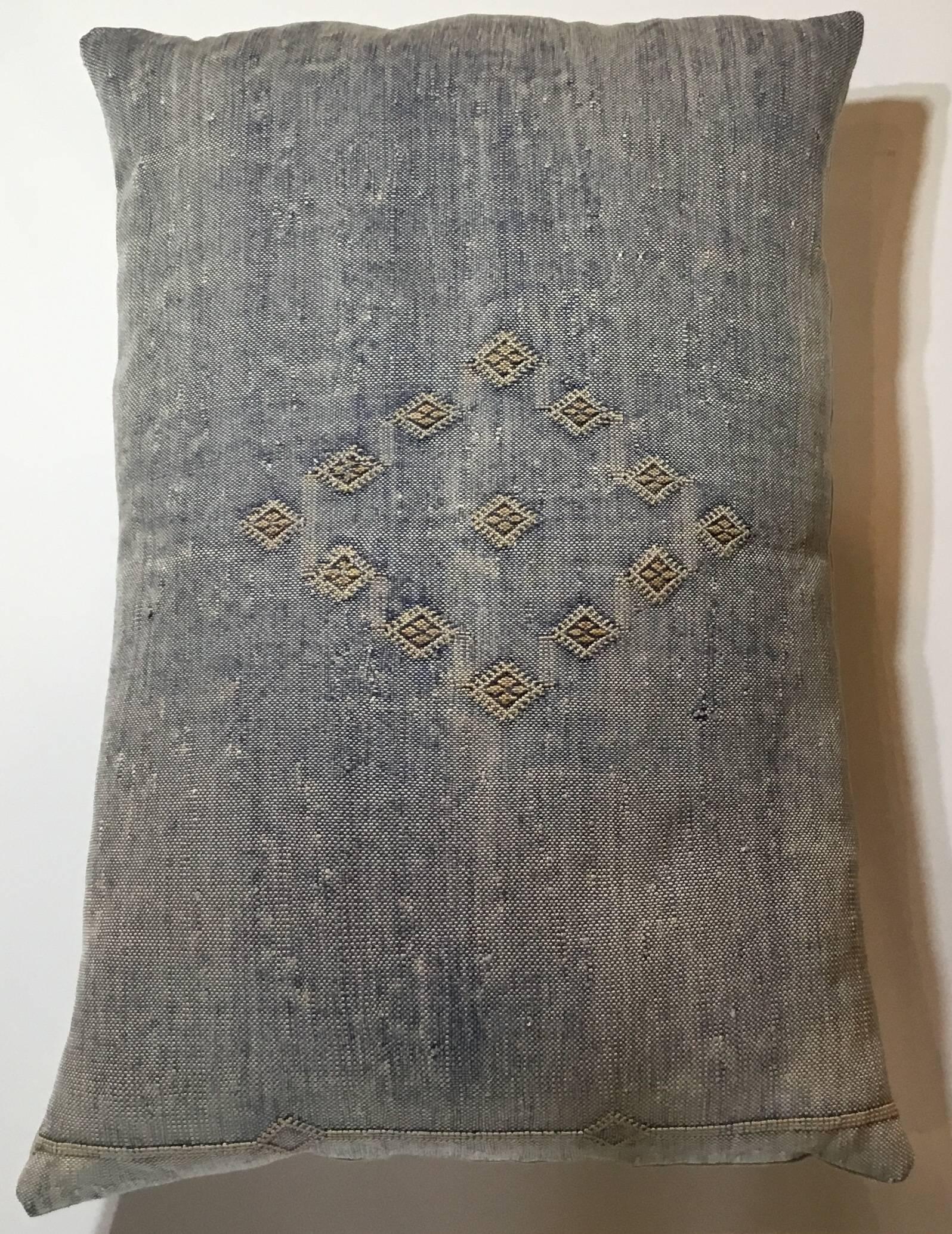 Beautiful pillow made of hand woven flat weave rug fragment ,light indigo color with geometric motifs ,Frash insert ,linen backing 