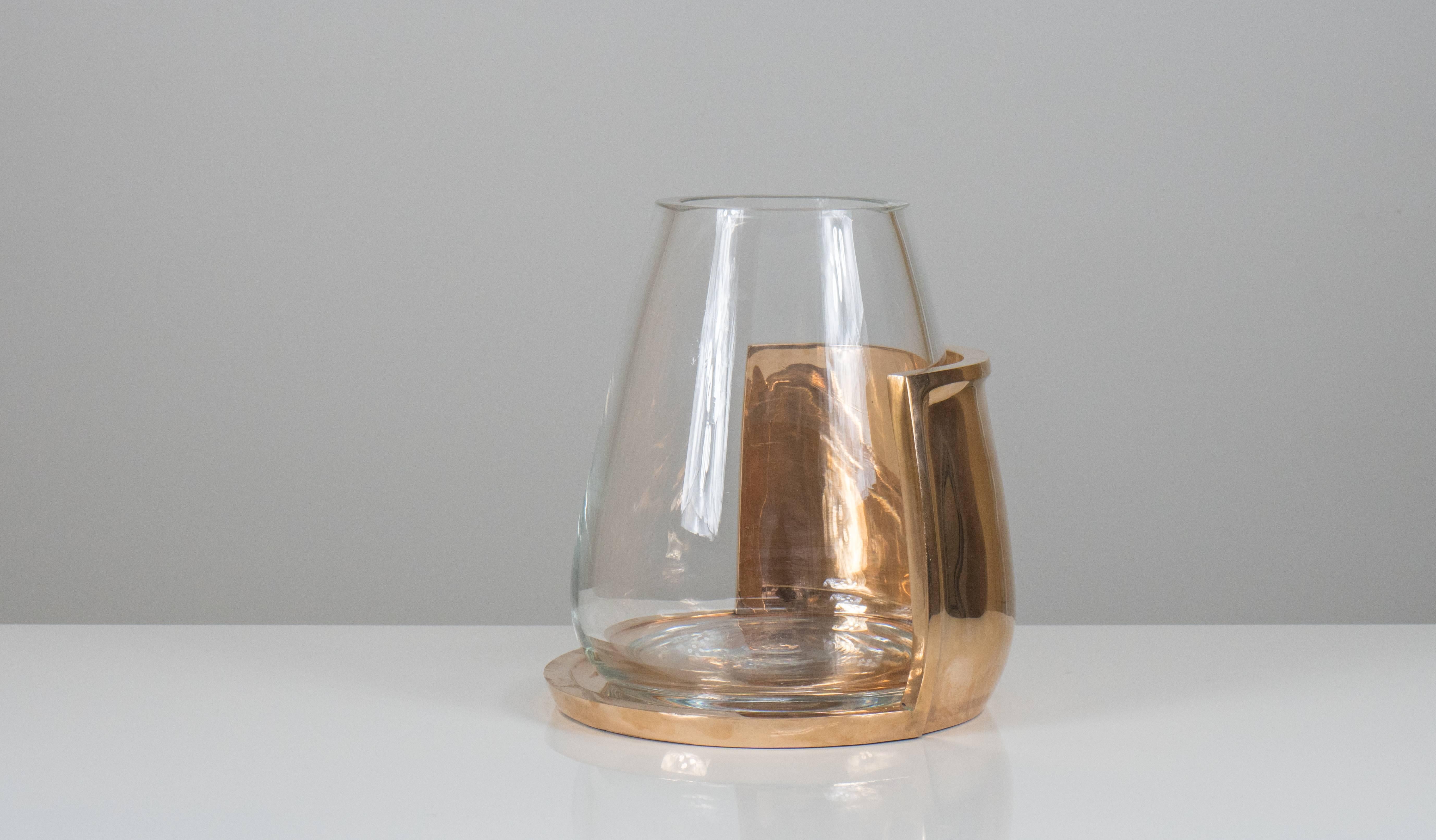 Vase or candleholder or hurricane in polished bronze with handblown glass insert by contemporary French designer Eric Schmitt.