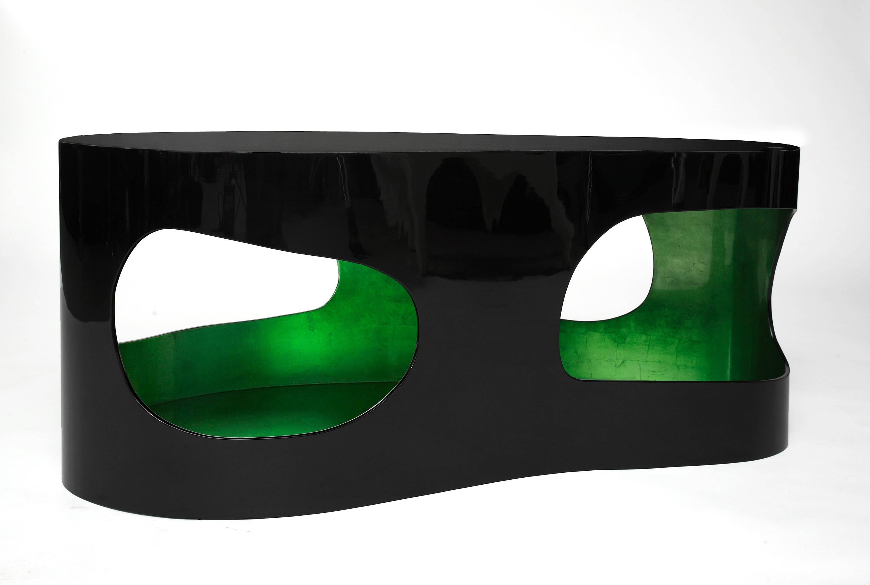 Silver Leaf Pair of Black and Green Lacquer Coffee Tables by Jacques Jarrige