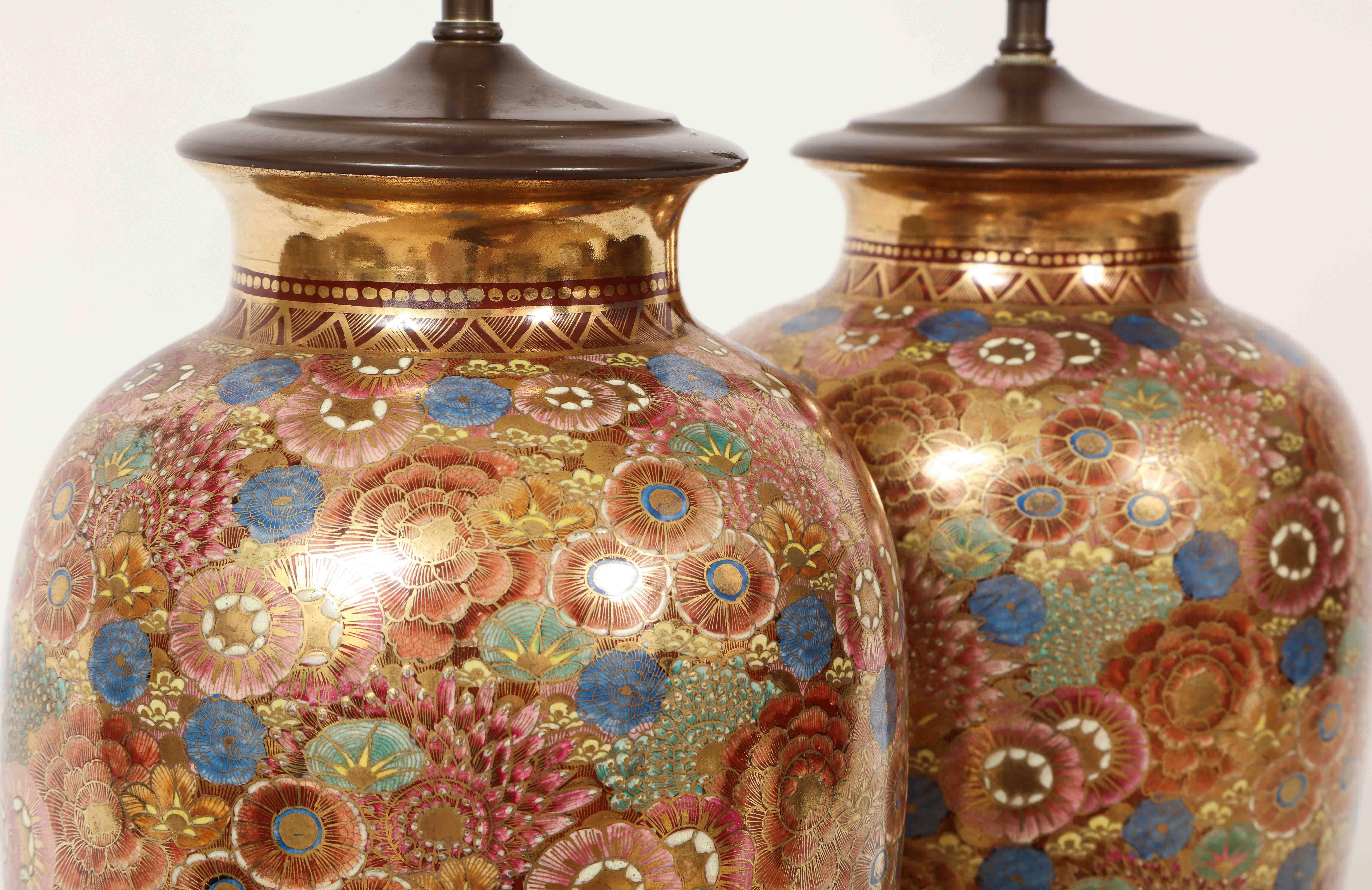 Enameled Pair of Chinese Thousand Flower Porcelain Lamps, circa 1920