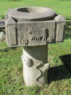 Limestone Planter with Carved Horse Rooster Cow Snake and Bird