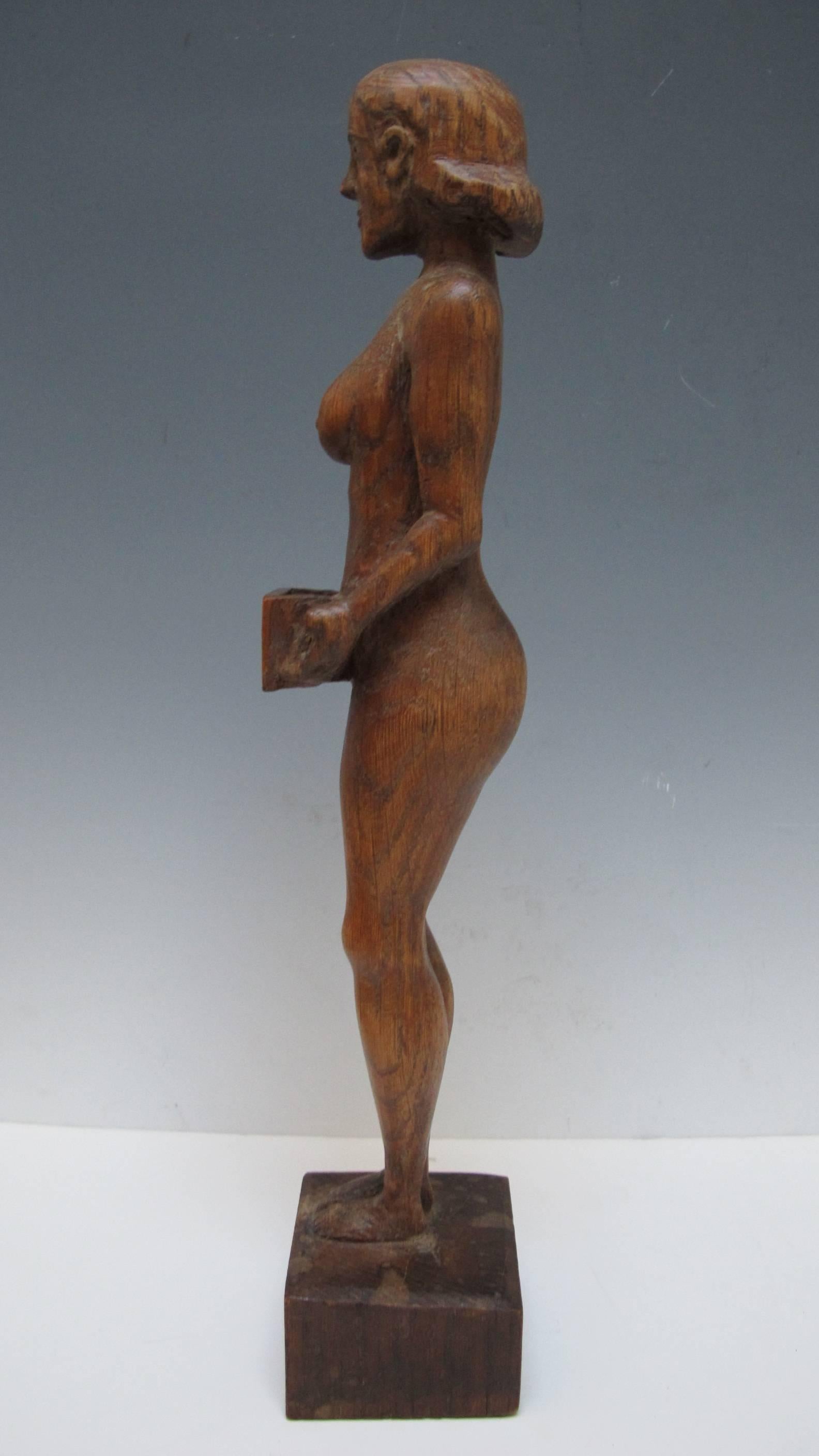 American Carved Wood Nude Woman Match Holder
