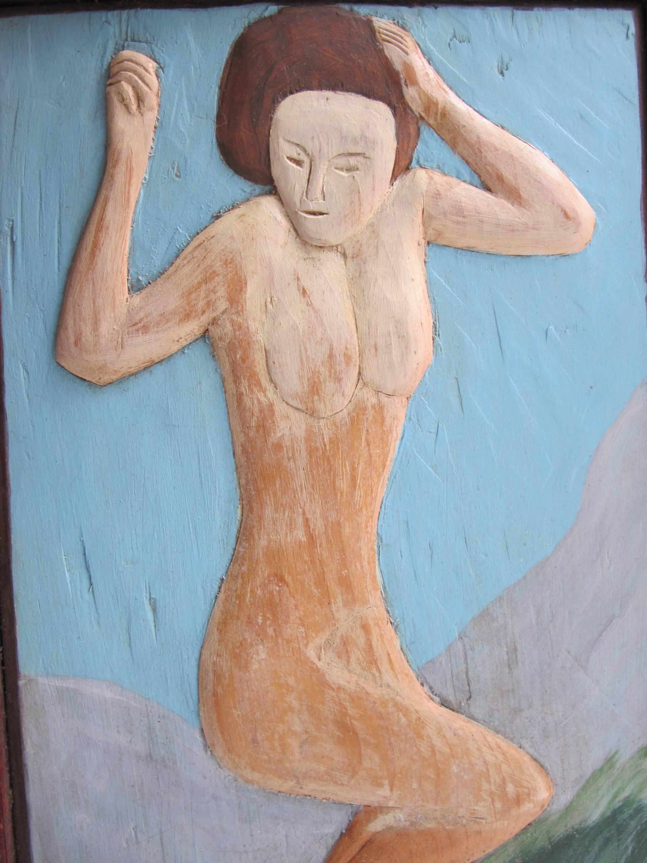 Carved and Painted Nude Wood Relief In Excellent Condition For Sale In New York, NY