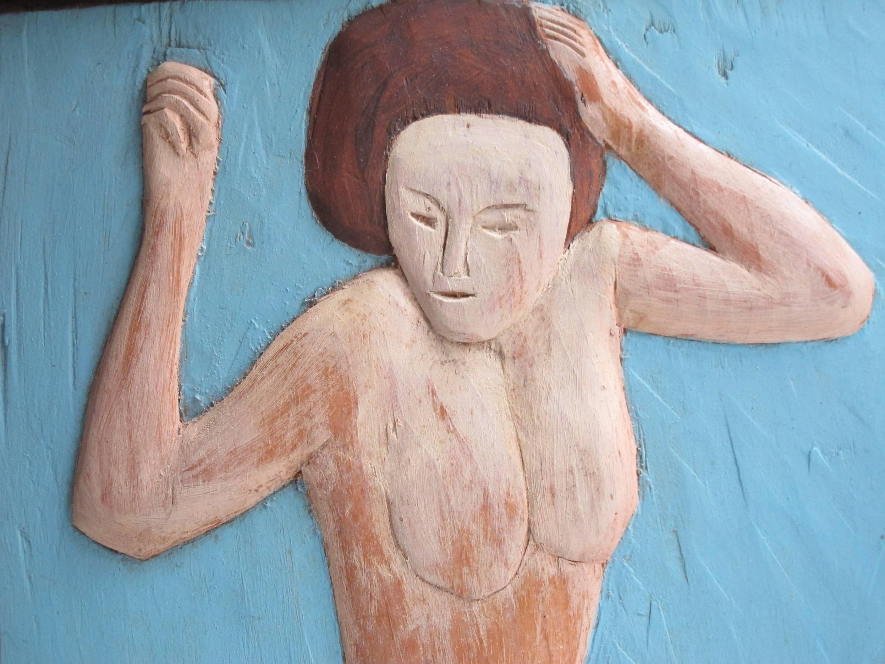 Folk Art Carved and Painted Nude Wood Relief For Sale