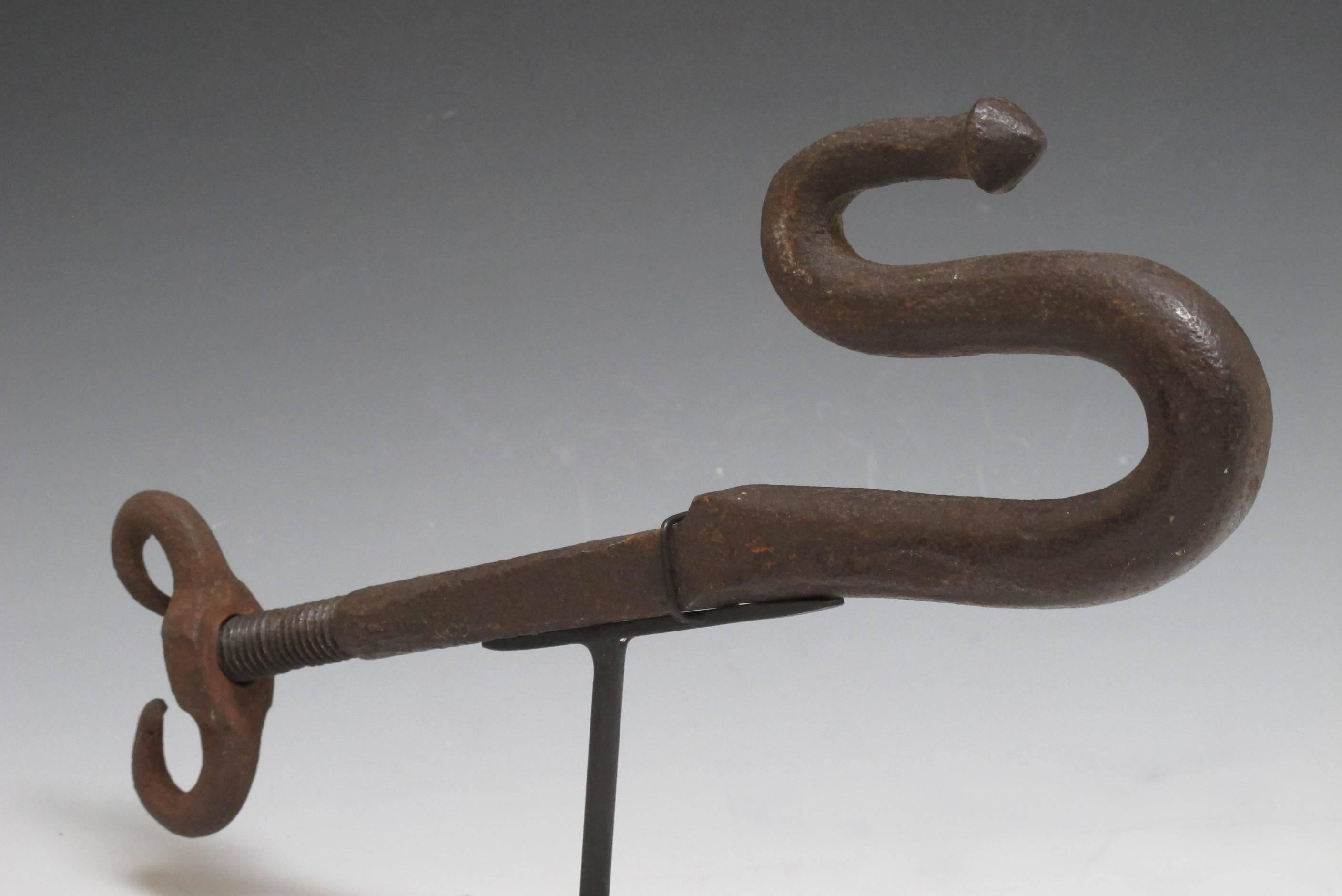 Folk Art Forged Iron Snake Hook From a Conestoga Wagon For Sale