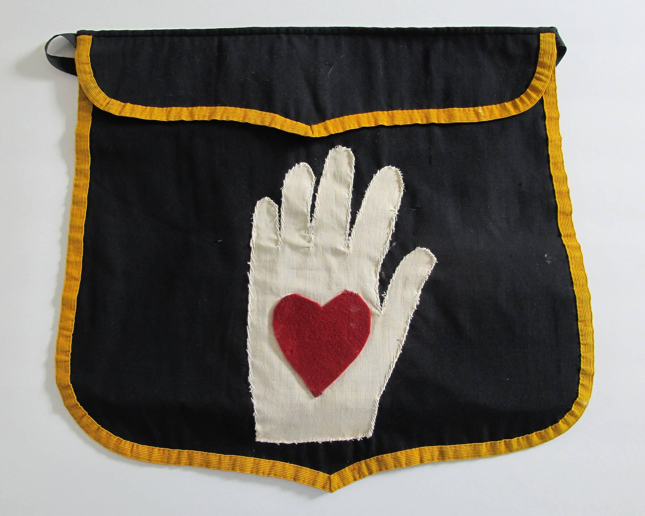 Folk Art Heart in Hand Fraternal Lodge Apron For Sale