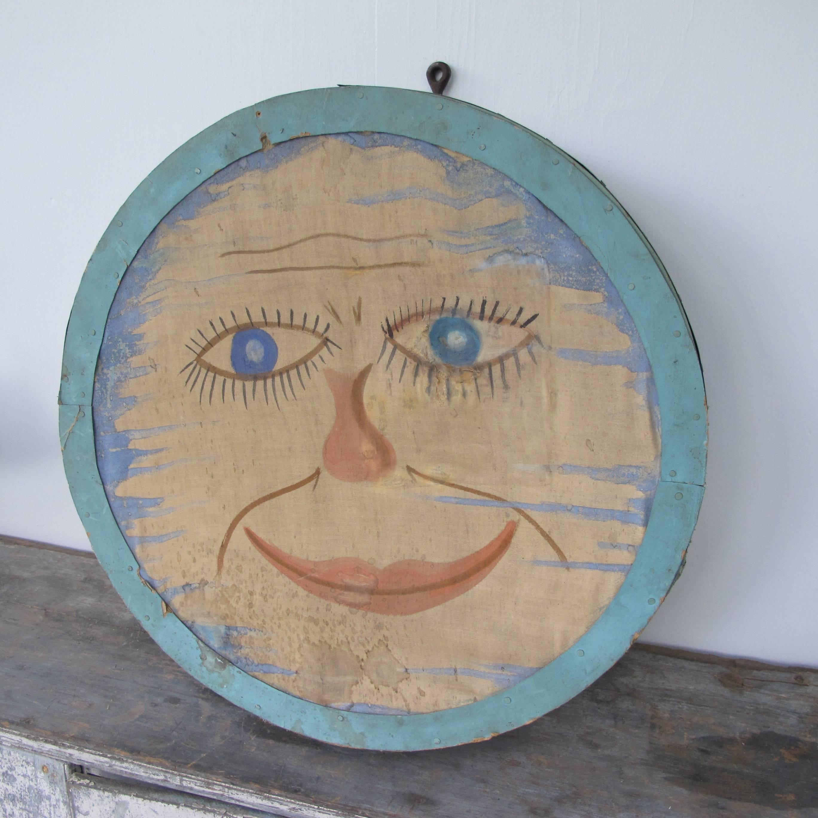 Painted Folk Art Moon Face Light from a Fraternal Lodge For Sale