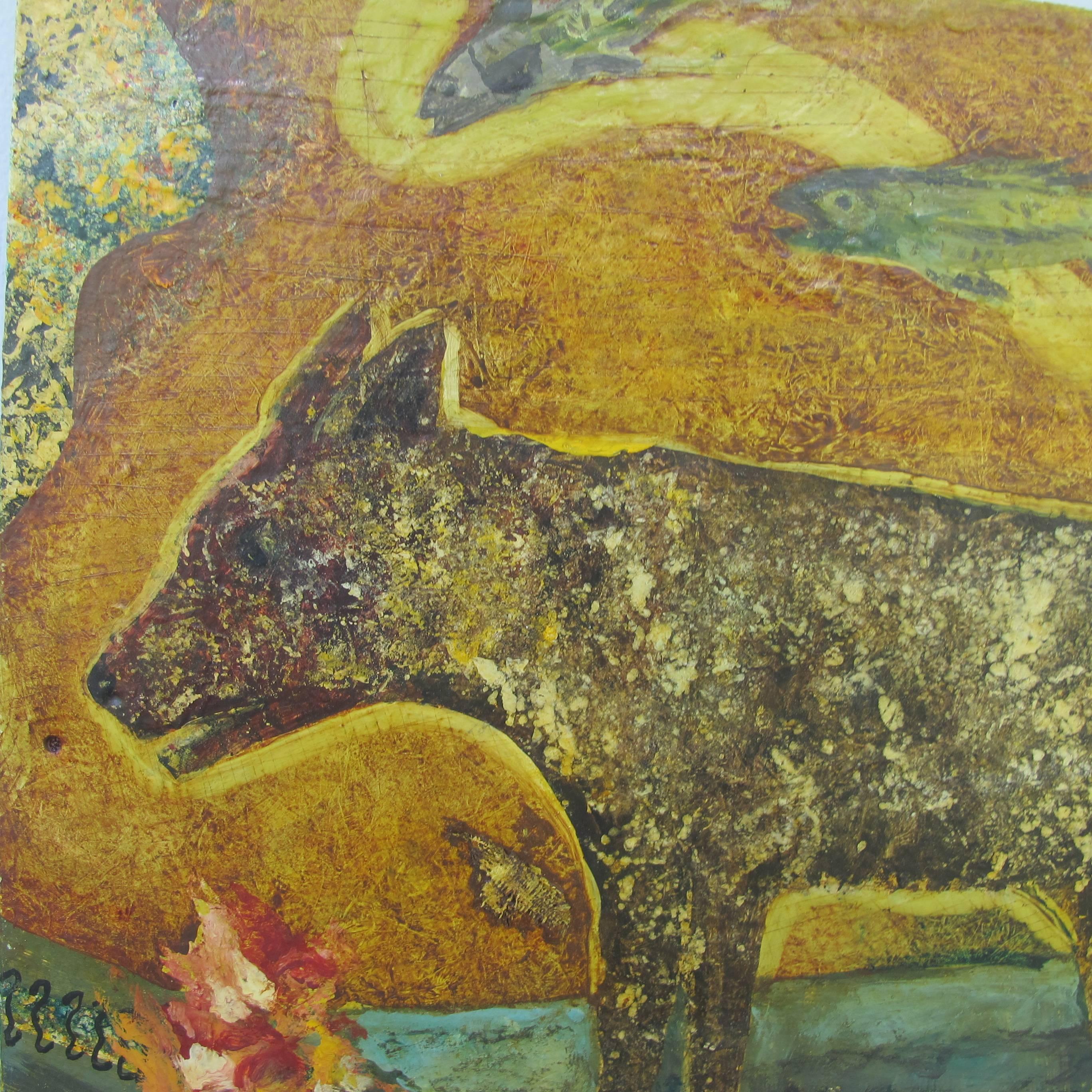 Terry Turrell a self-taught artist from the northwest often uses his dogs and cats as subjects in his improvisational paintings. The animals are often soulful and showing emotions. Working on found materials this is painted on aluminum with wood