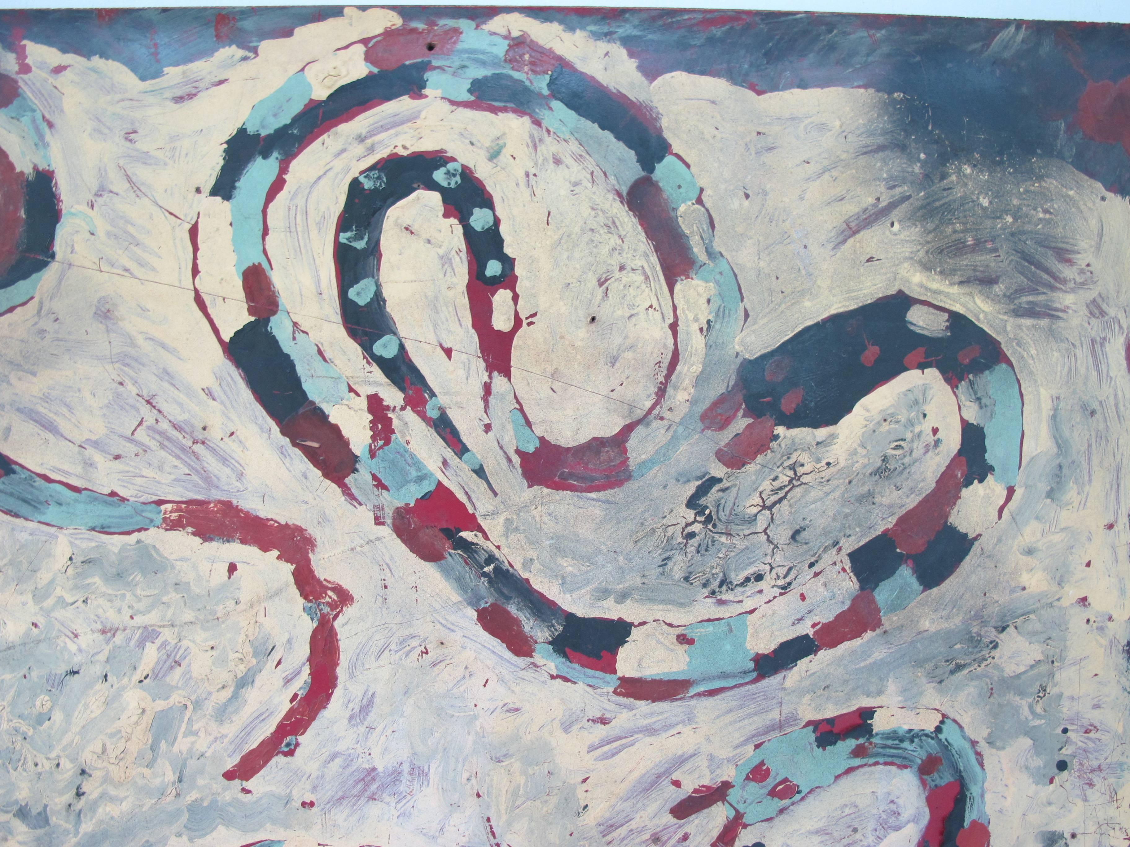 Clyde Jones b. 1938 is known for his yard environment filled with wood assembled animals which have been widely exhibited. This is one of Clyde Jones's paintings that shows his more fluid handling of paint and organic form.
This as many of his