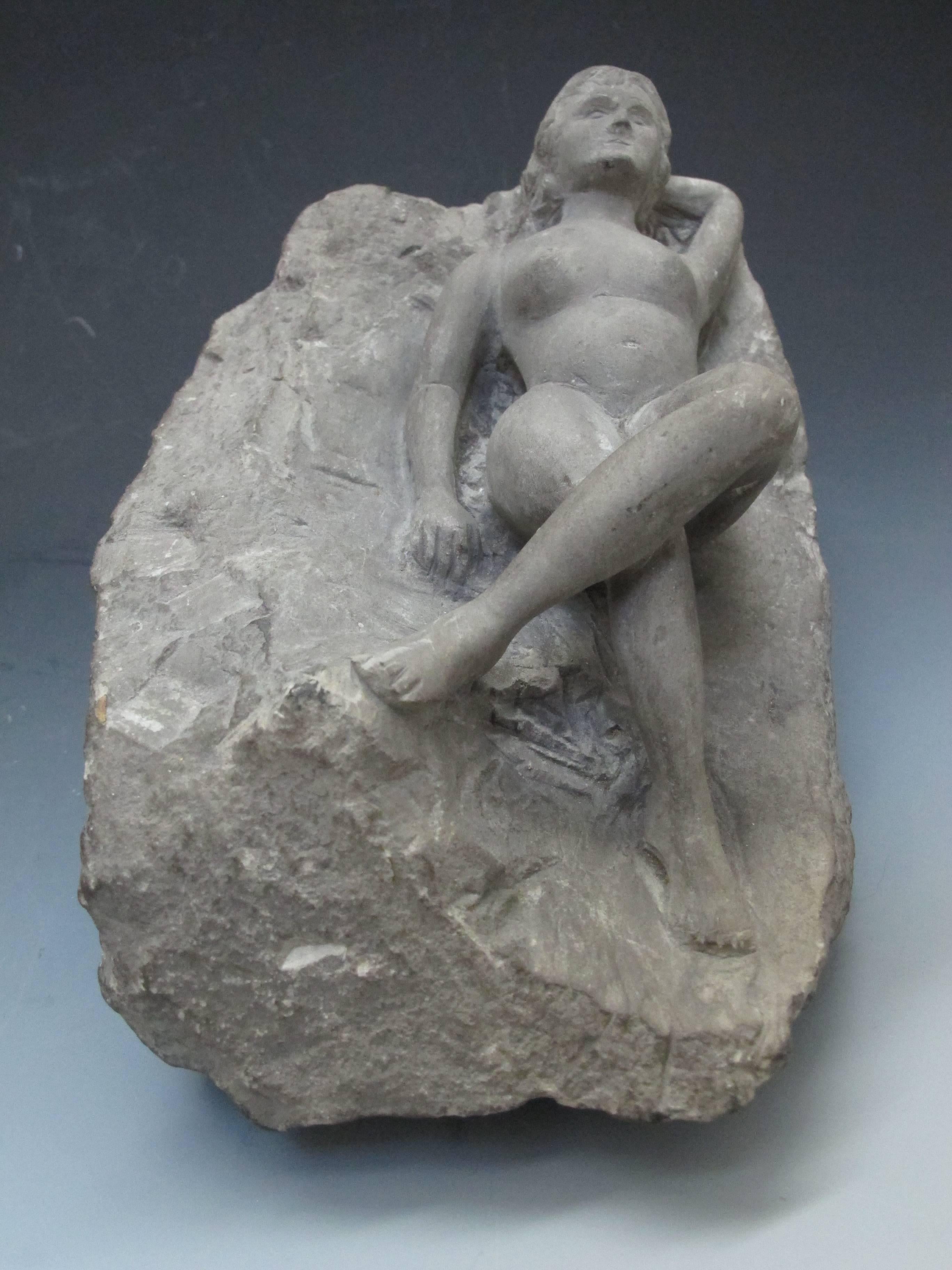 American Carved Nude Woman Laying on Stone Folk Sculpture For Sale