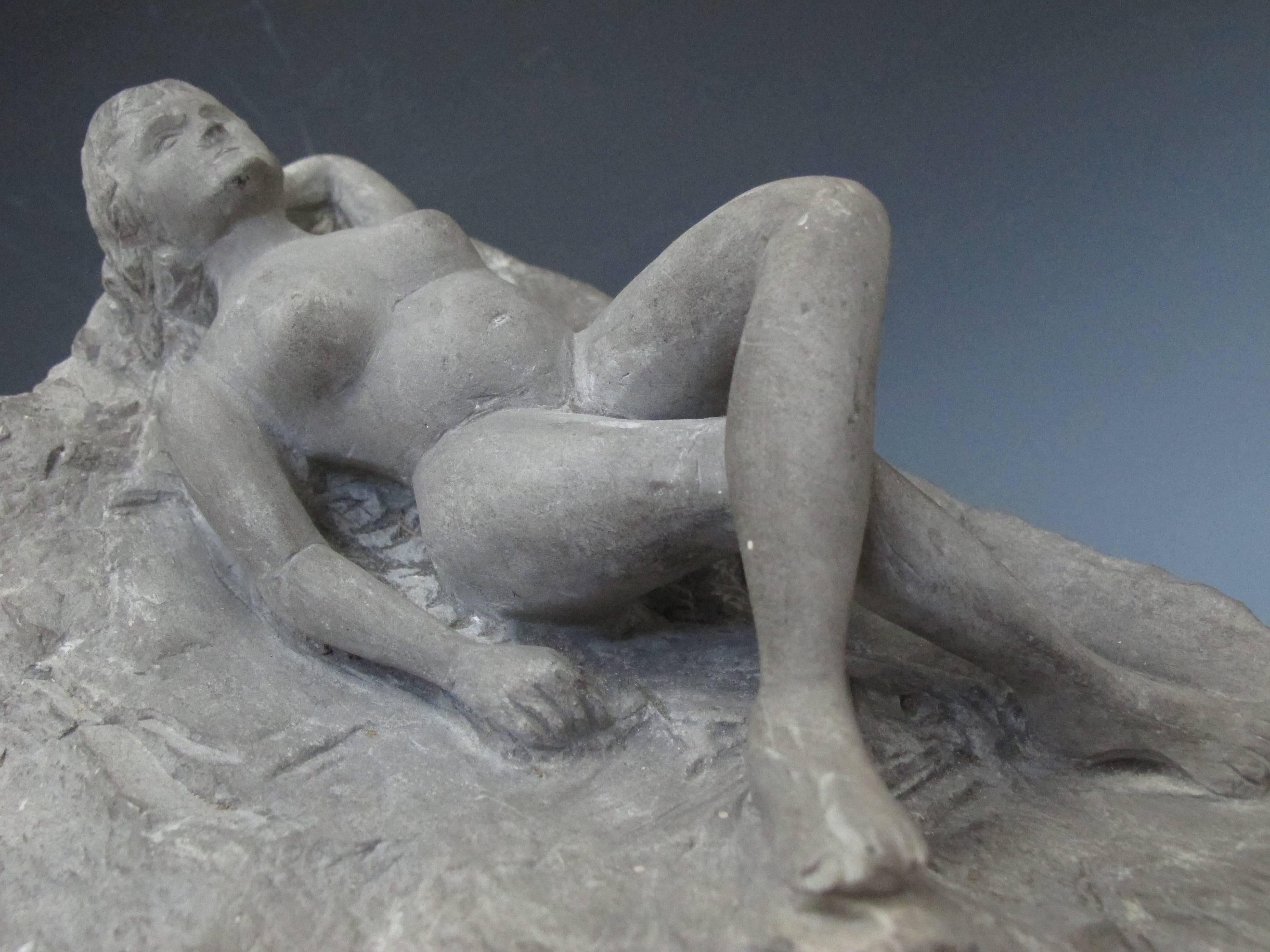 Folk Art Carved Nude Woman Laying on Stone Folk Sculpture For Sale