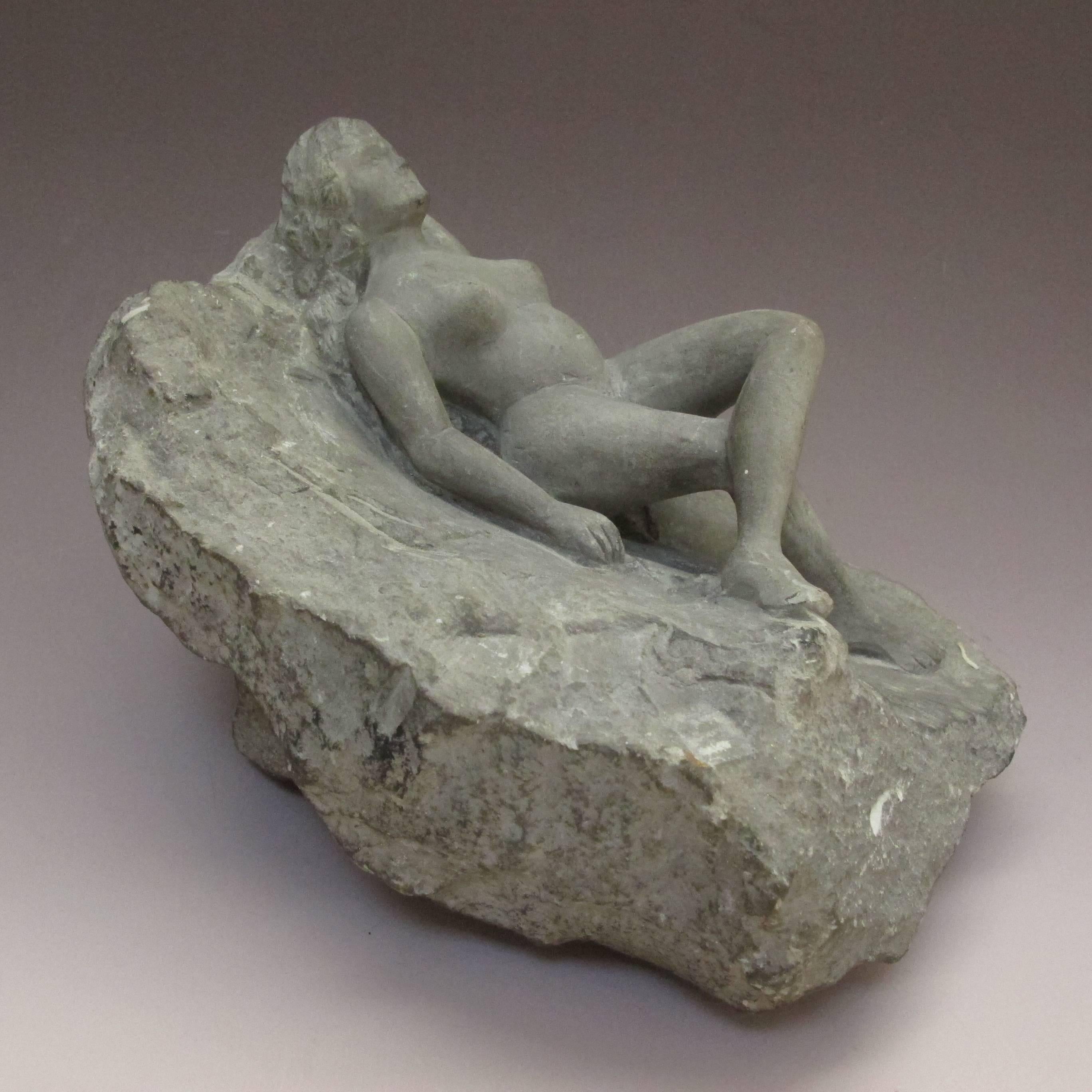 Carved Nude Woman Laying on Stone Folk Sculpture For Sale 1