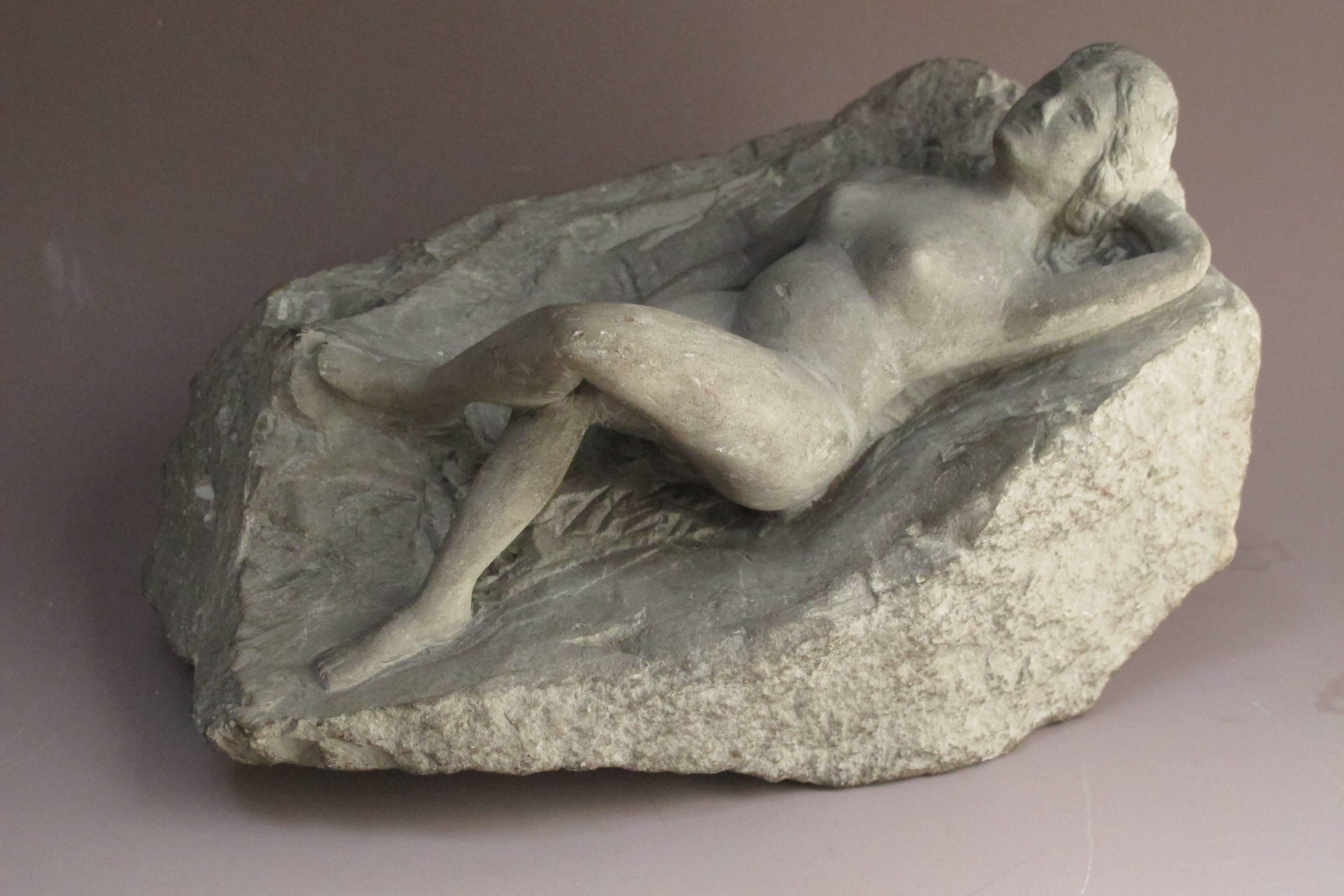 Carved Nude Woman Laying on Stone Folk Sculpture For Sale 2