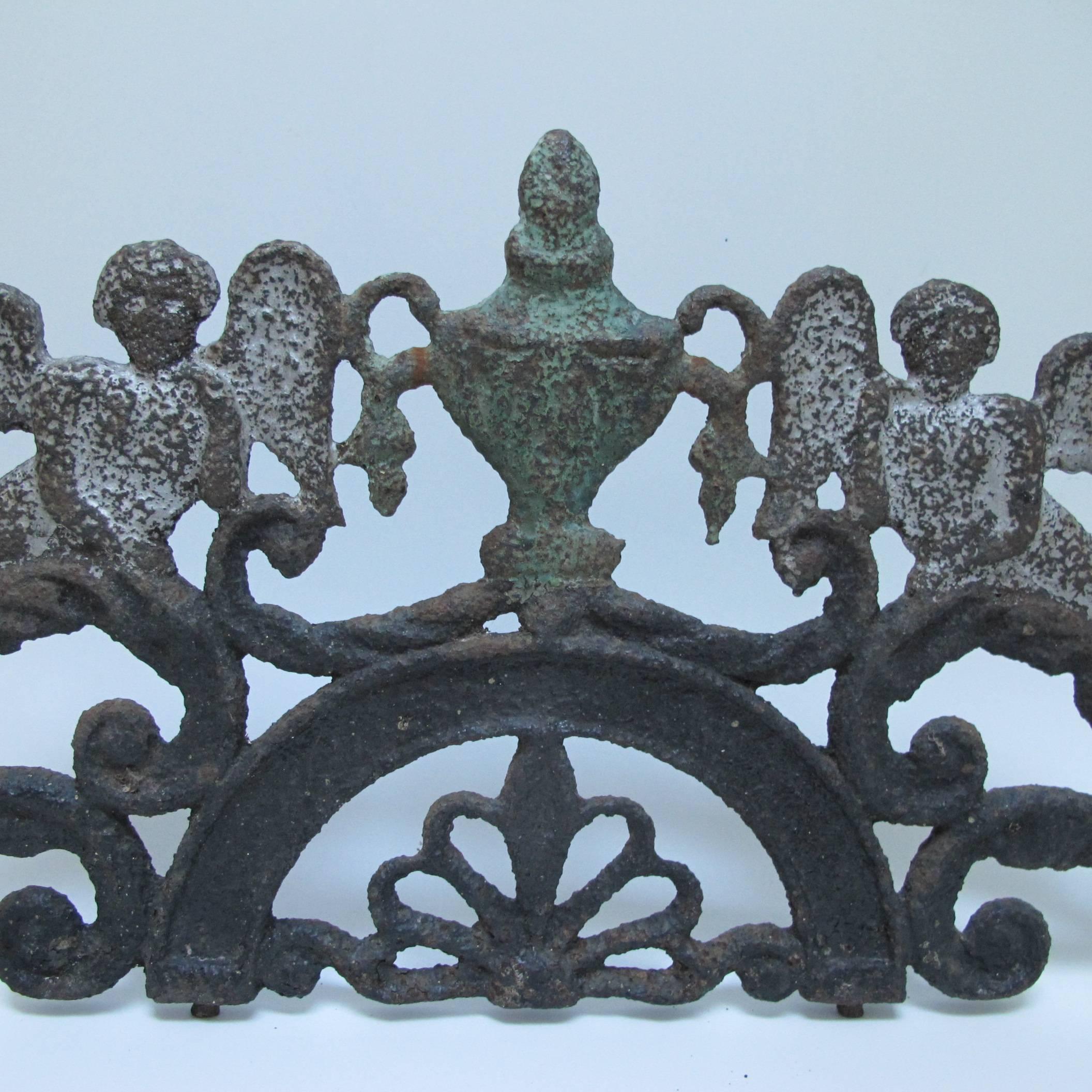 Folk Art Early Cast Iron Gate Top with Angels For Sale