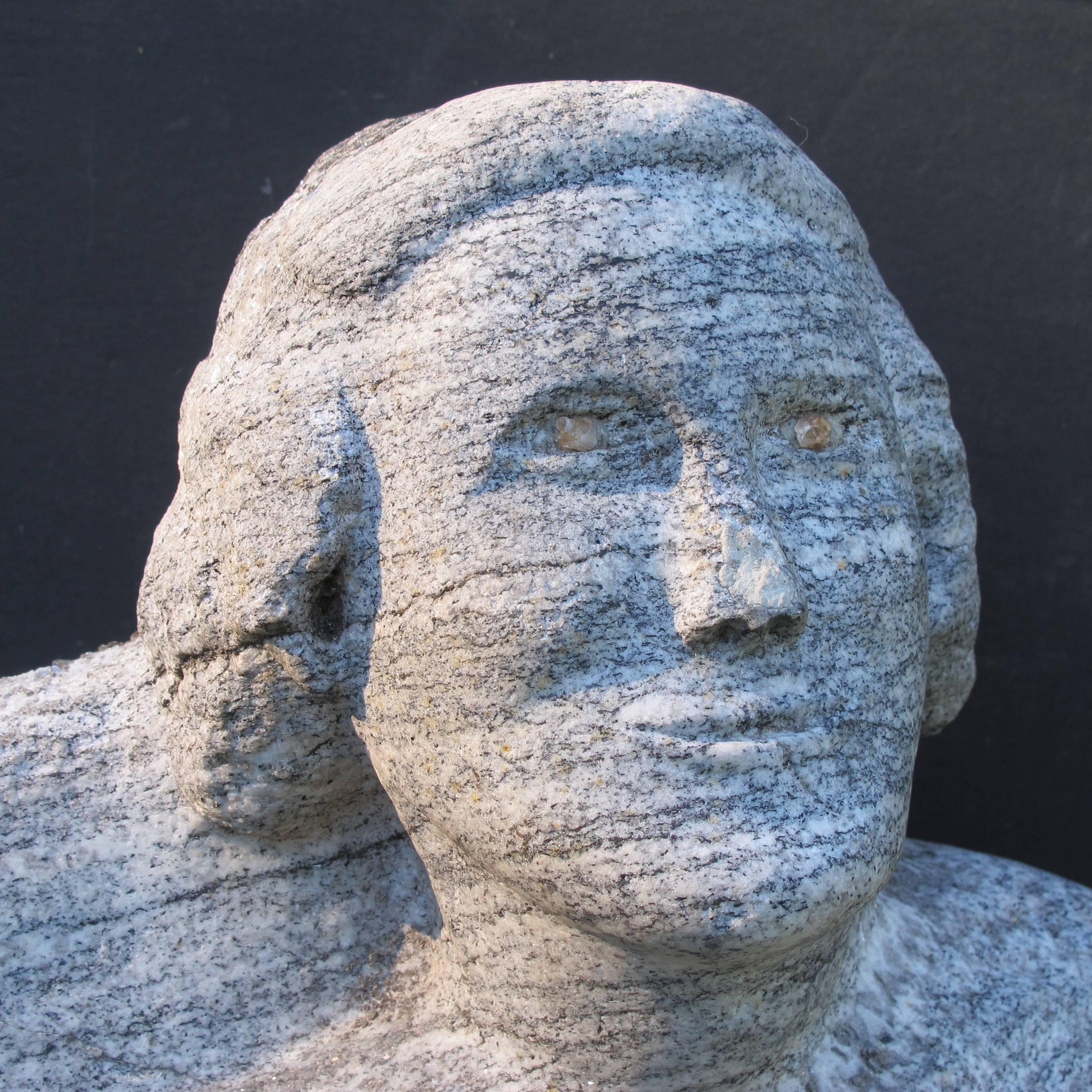 The head of George Washington gazing upward emerges from this banded crystalline piece of granite. There appears to be an inlay in the center of the eyes. I had owned this bust many years ago and sold it to the Kristina Johnson Collection in