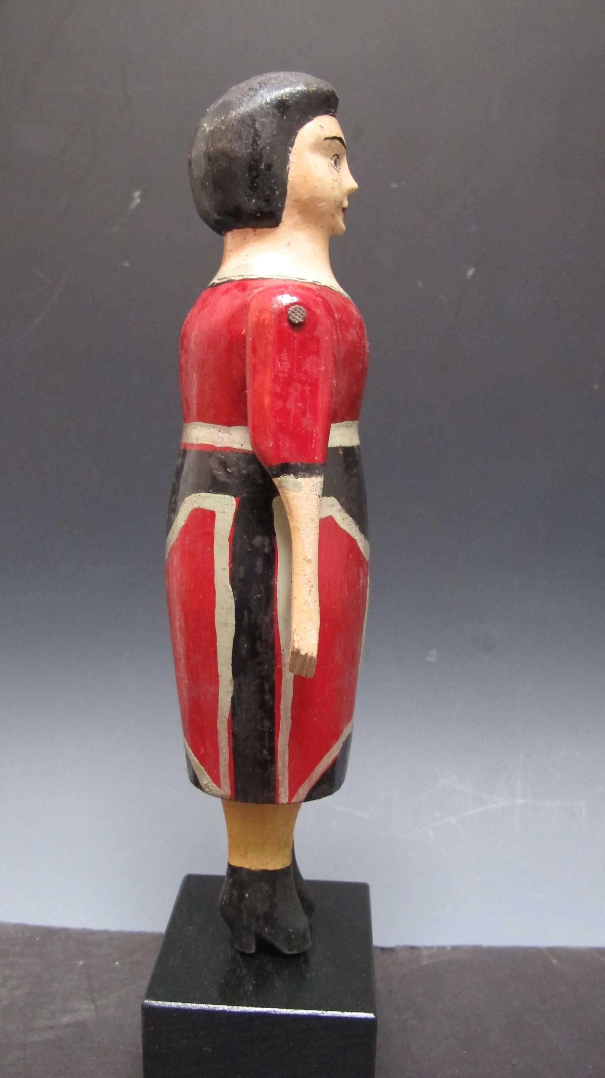Folk Art Carved Wood Folk Sculpture of Woman in Red