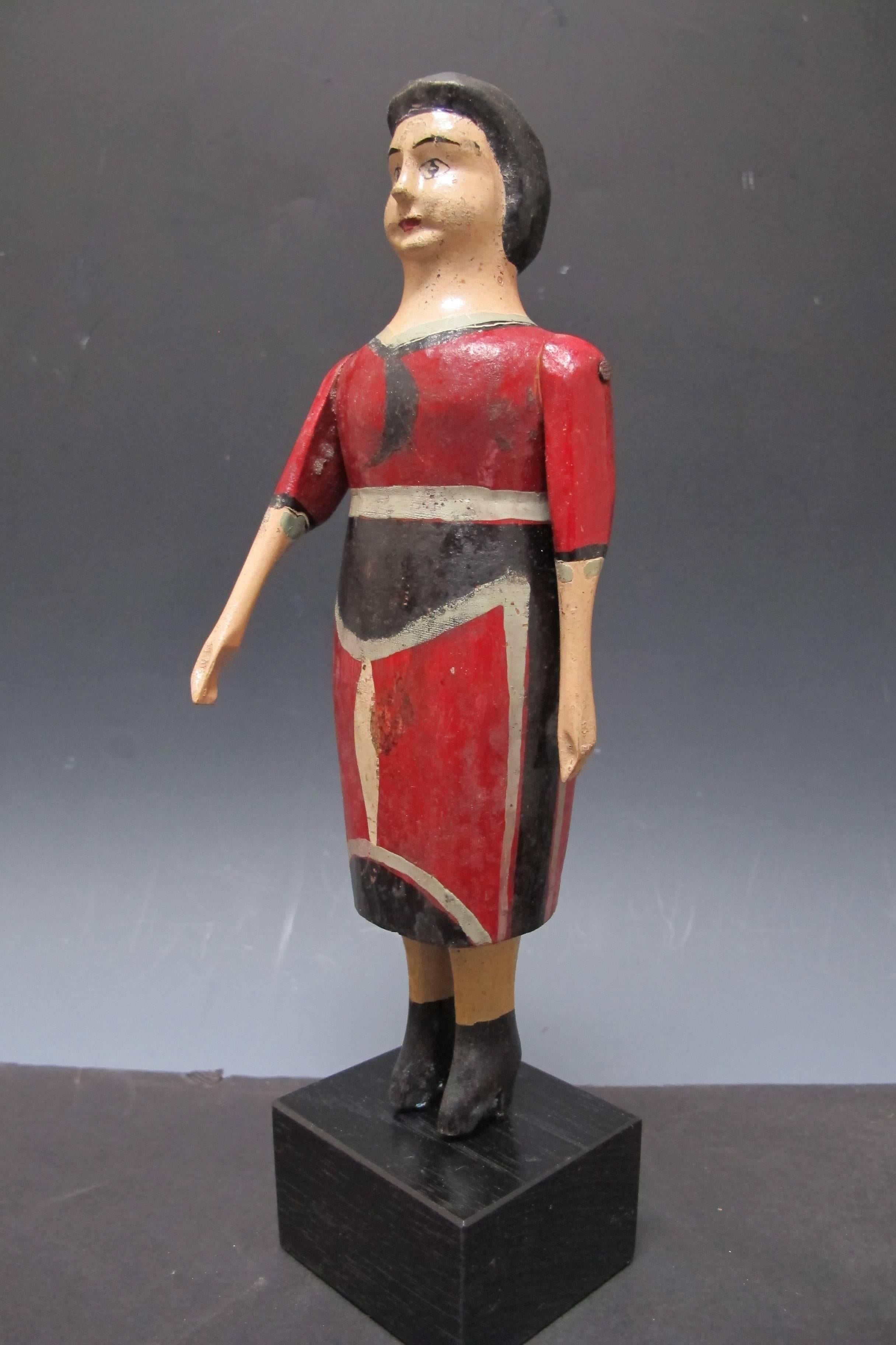 Painted Carved Wood Folk Sculpture of Woman in Red