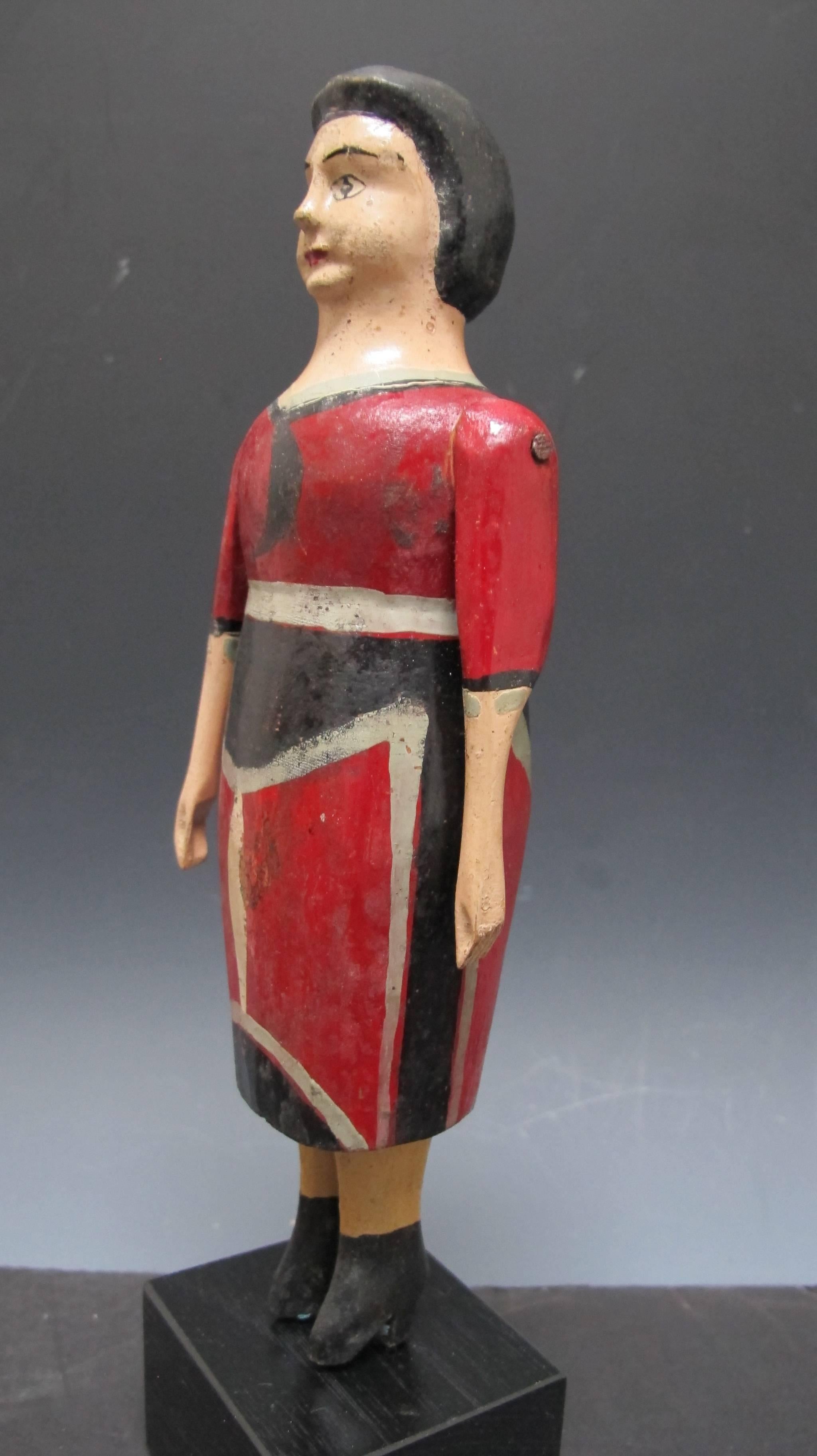 Carved Wood Folk Sculpture of Woman in Red In Excellent Condition In New York, NY