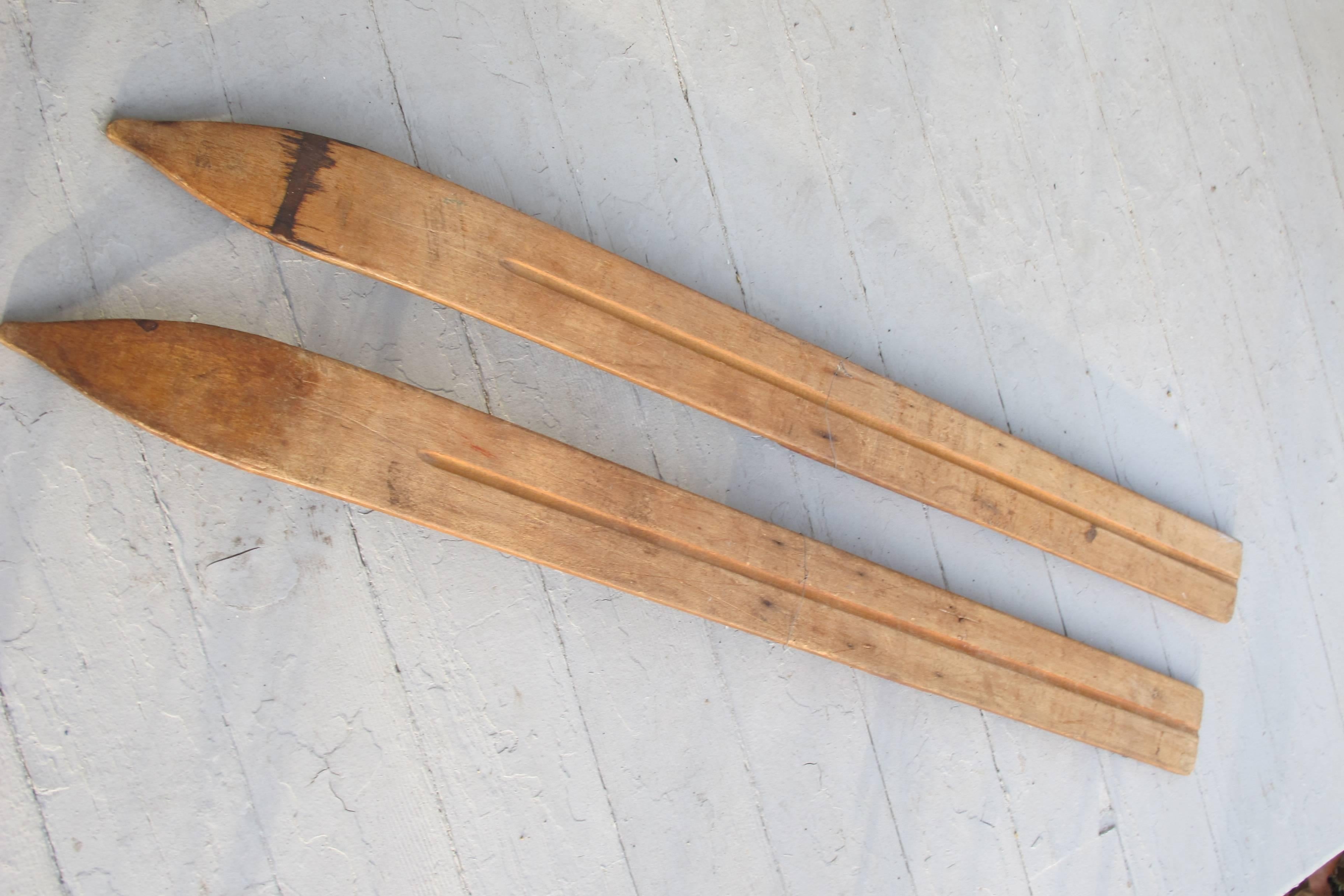 American Pair of Early Child's Wooden Skis For Sale