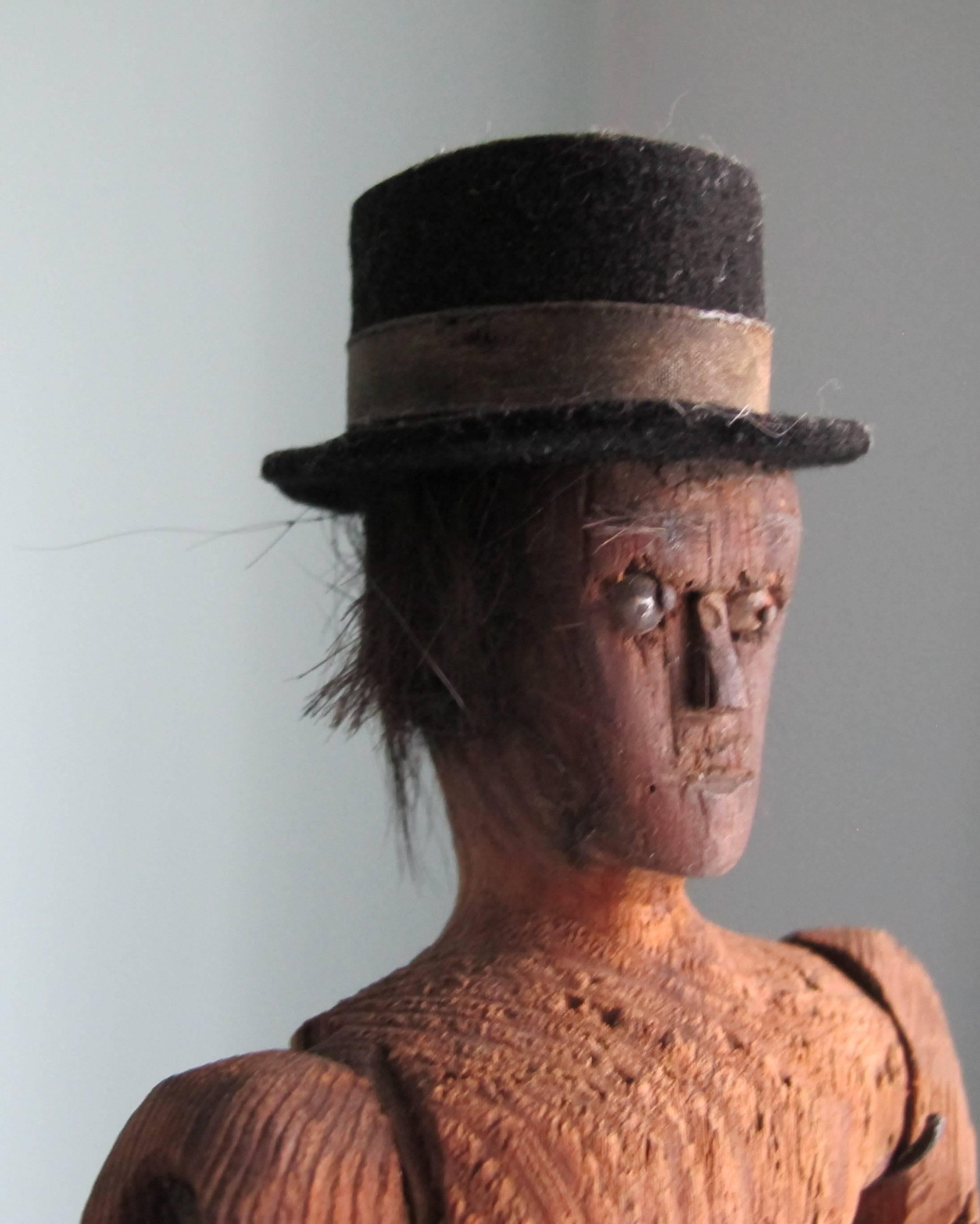 Wood Articulated Folk Art Figure with Top Hat For Sale