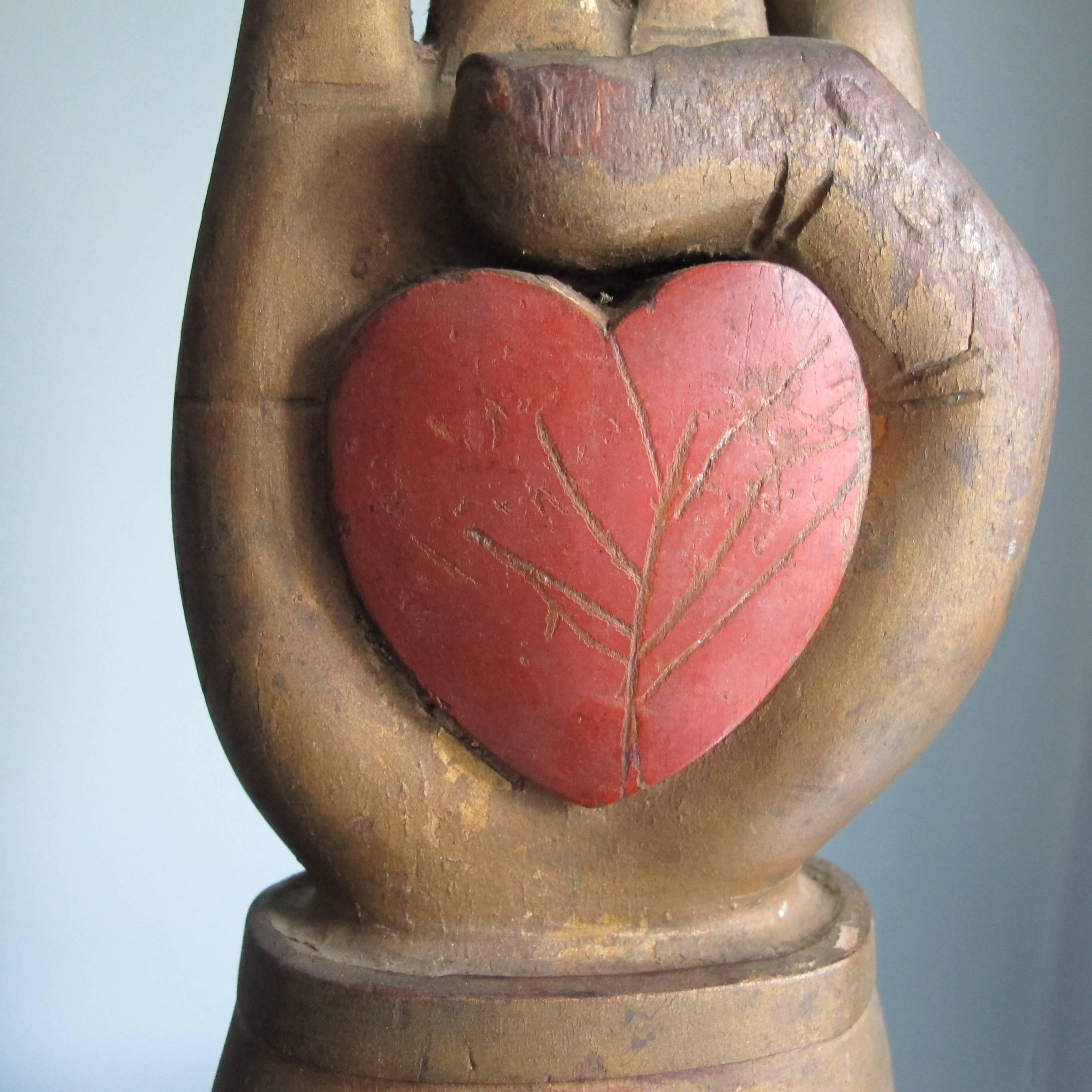 Folk Art Heart in Hand Carving from an Odd Fellows Fraternal Lodge For Sale