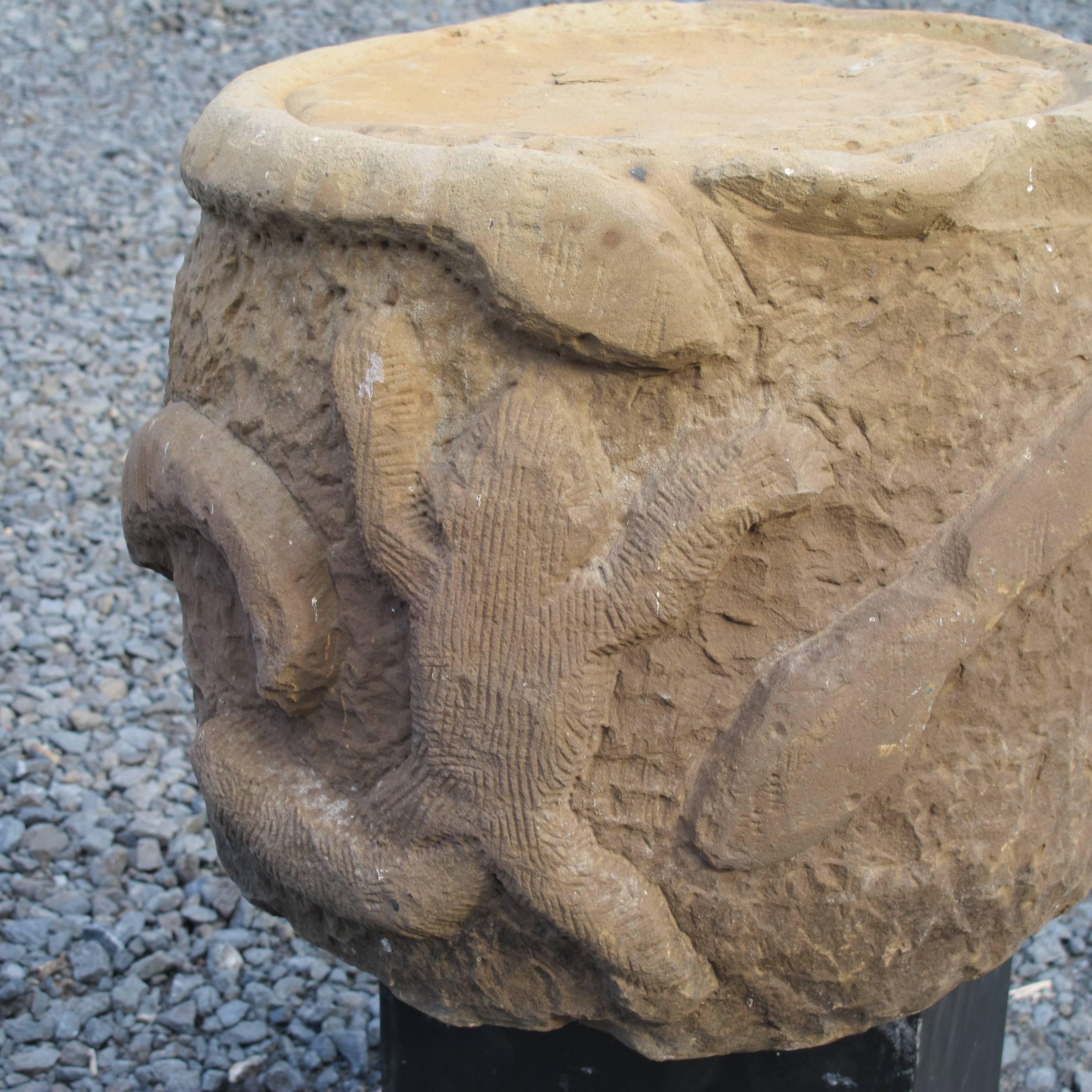 Folk Art Carved Sandstone Stool with Frog and Snakes For Sale