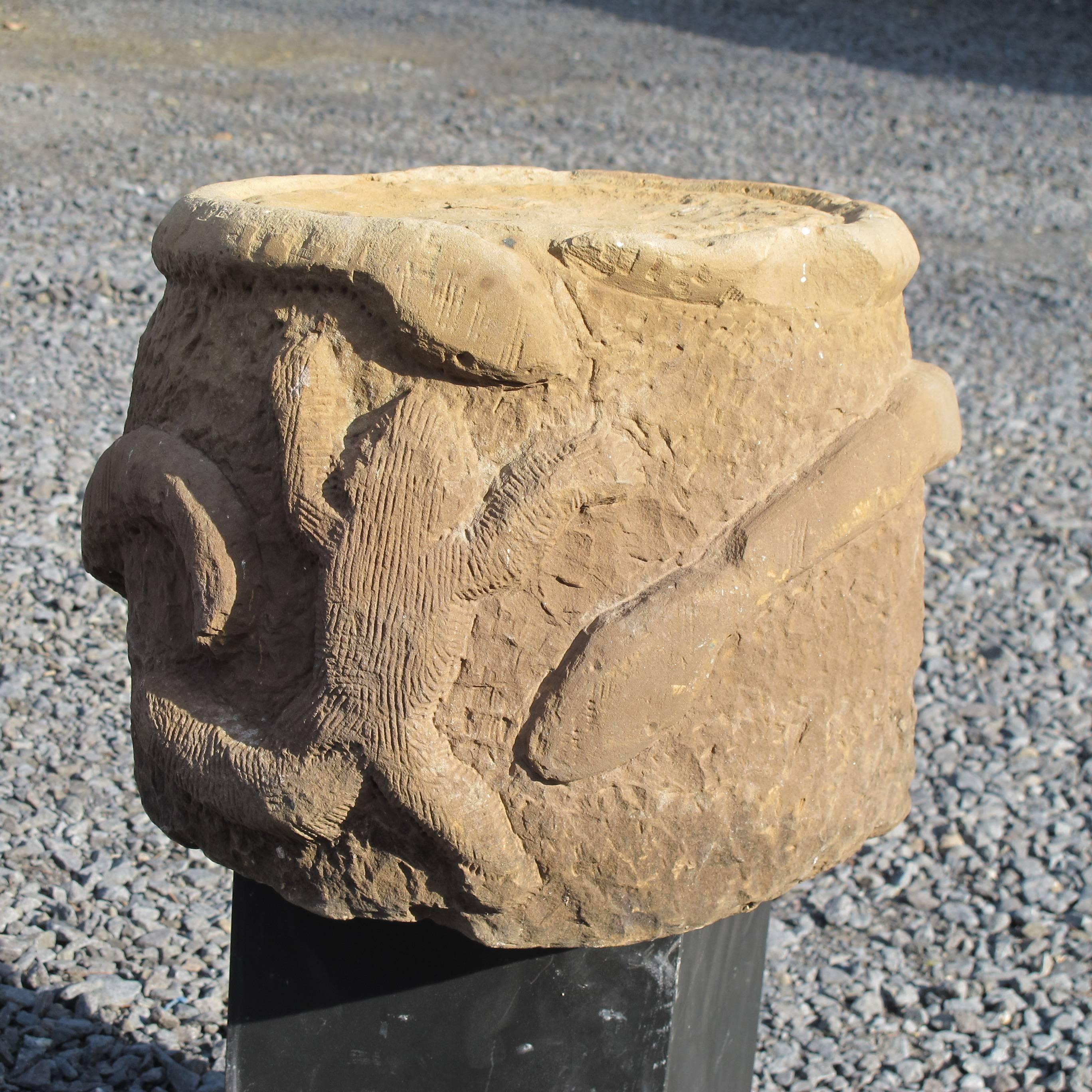 American Carved Sandstone Stool with Frog and Snakes For Sale