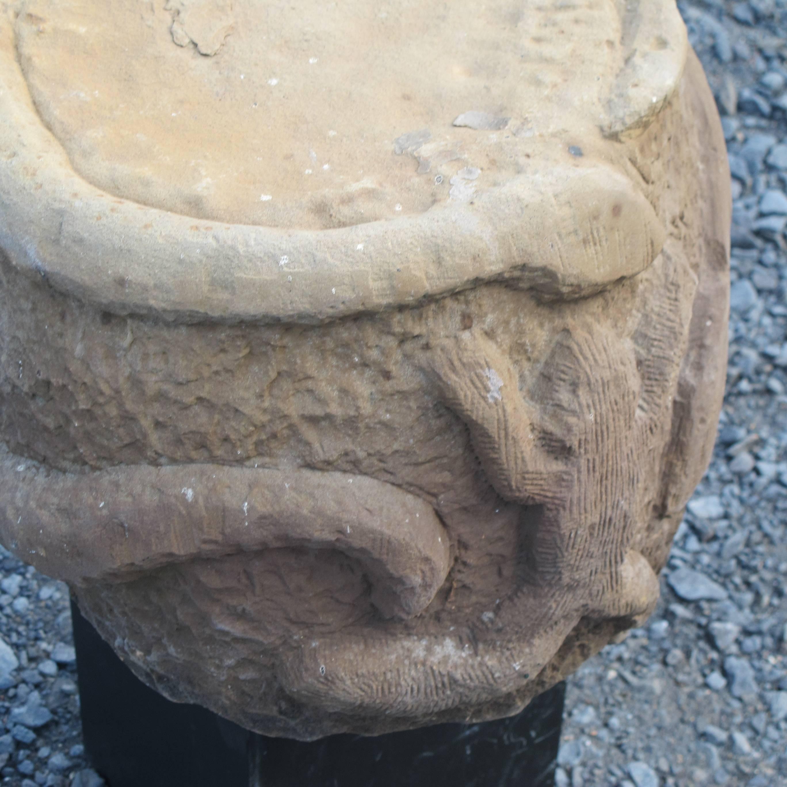 Carved Sandstone Stool with Frog and Snakes In Good Condition For Sale In New York, NY
