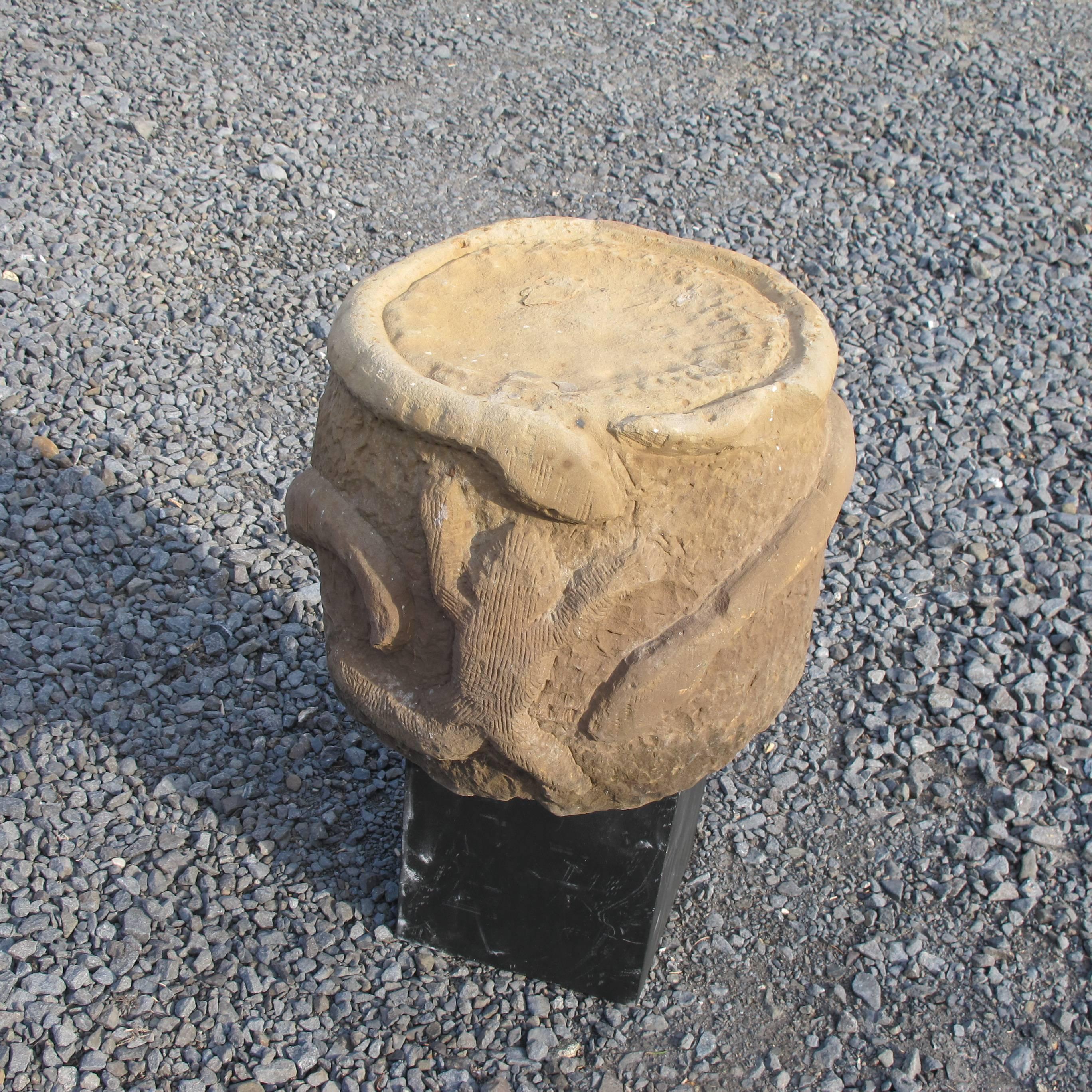 20th Century Carved Sandstone Stool with Frog and Snakes For Sale