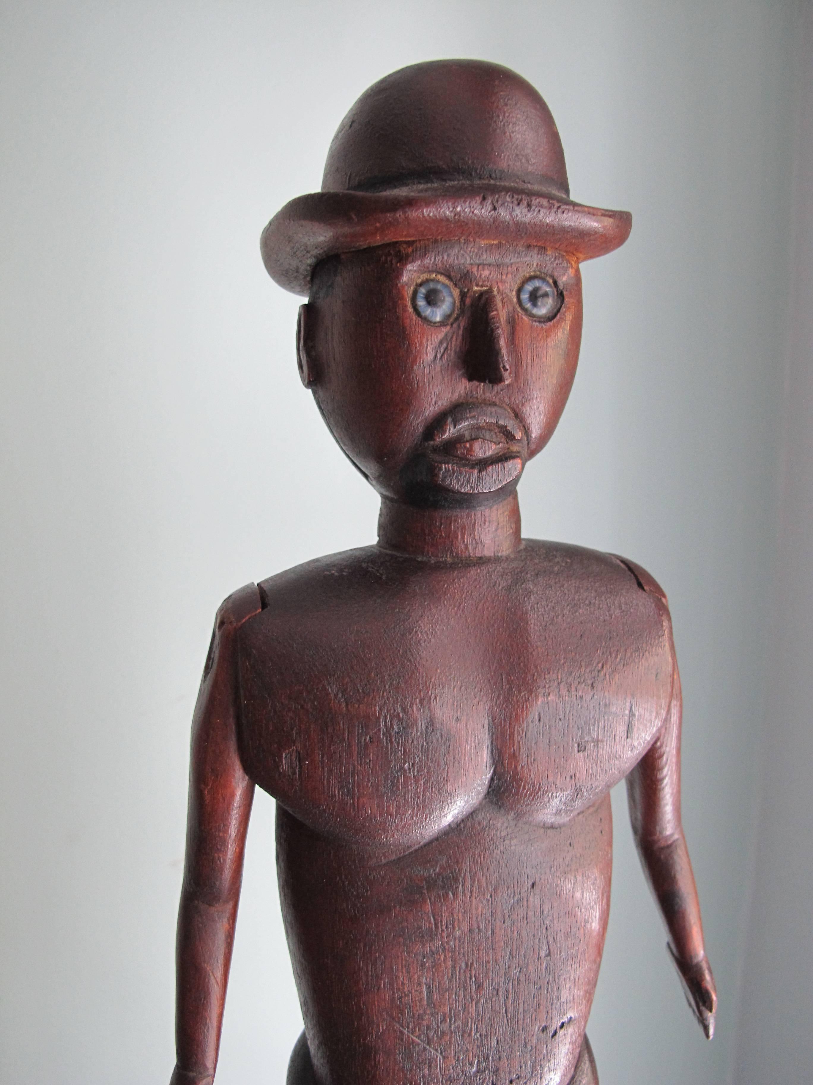 Folk Art Man in Bowler Hat Folk Sculpture For Sale