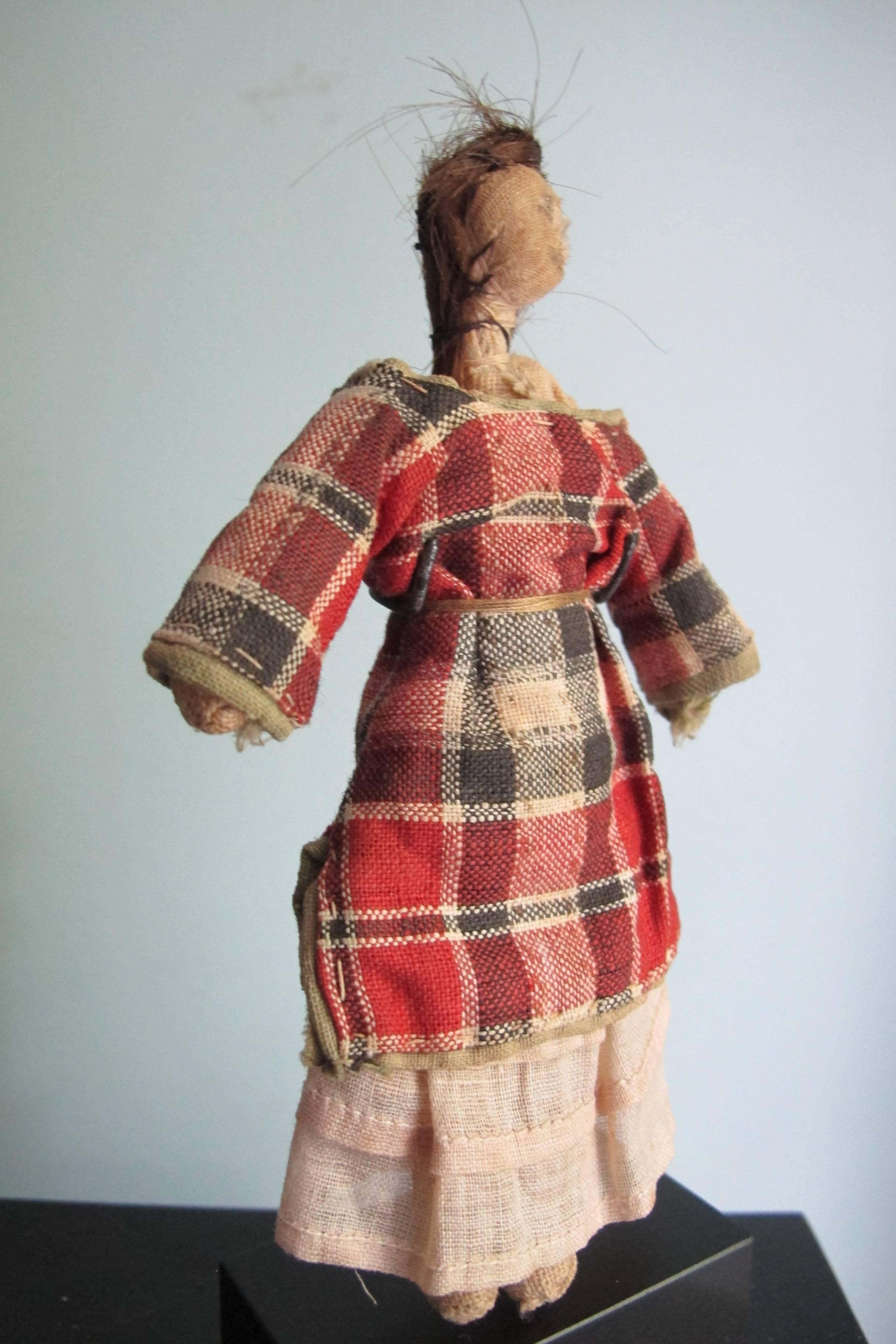 Folk Art Child's Cloth Pocket Doll with Human Hair