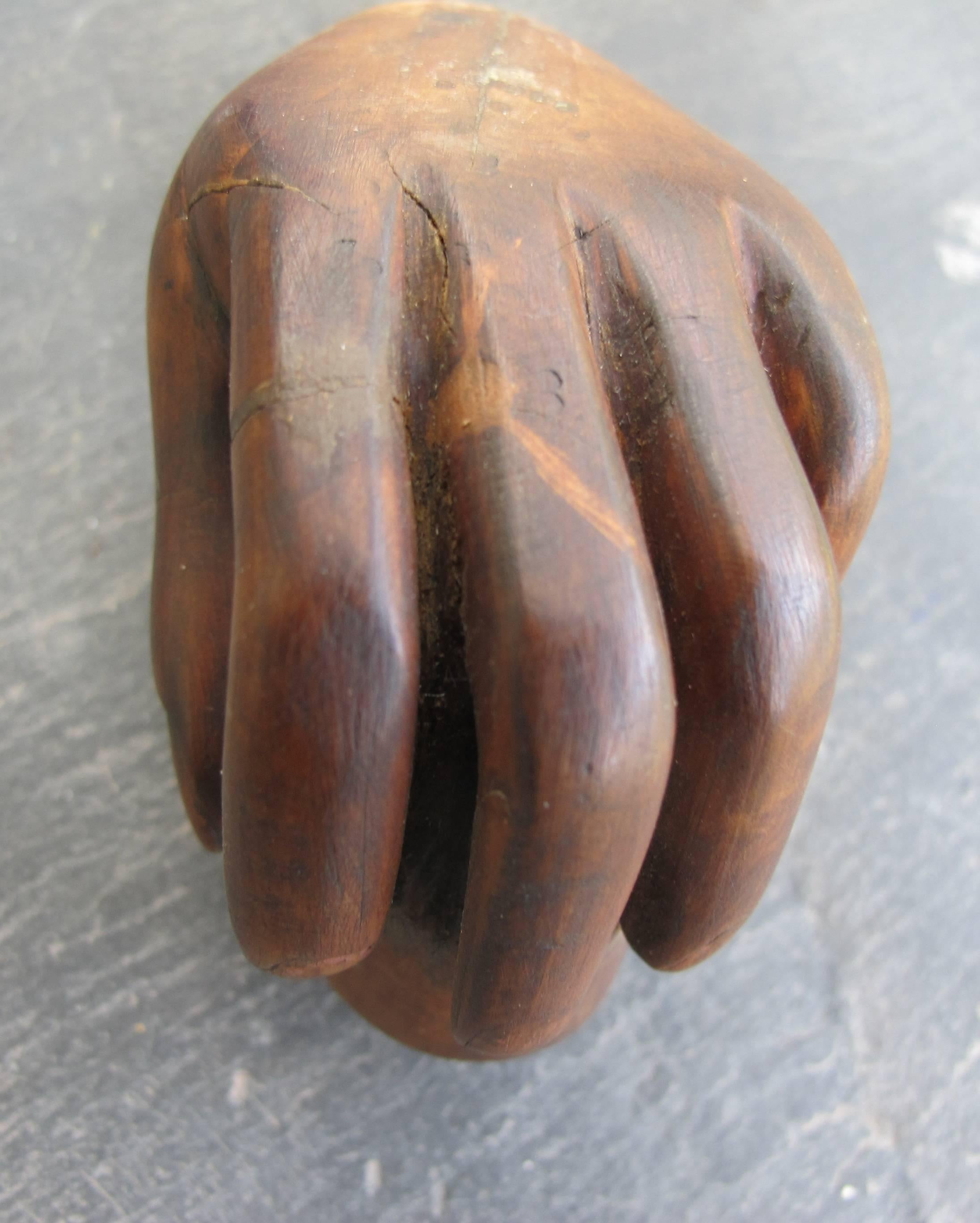 Folk Art Carved Hand Holding Wood Pipe For Sale