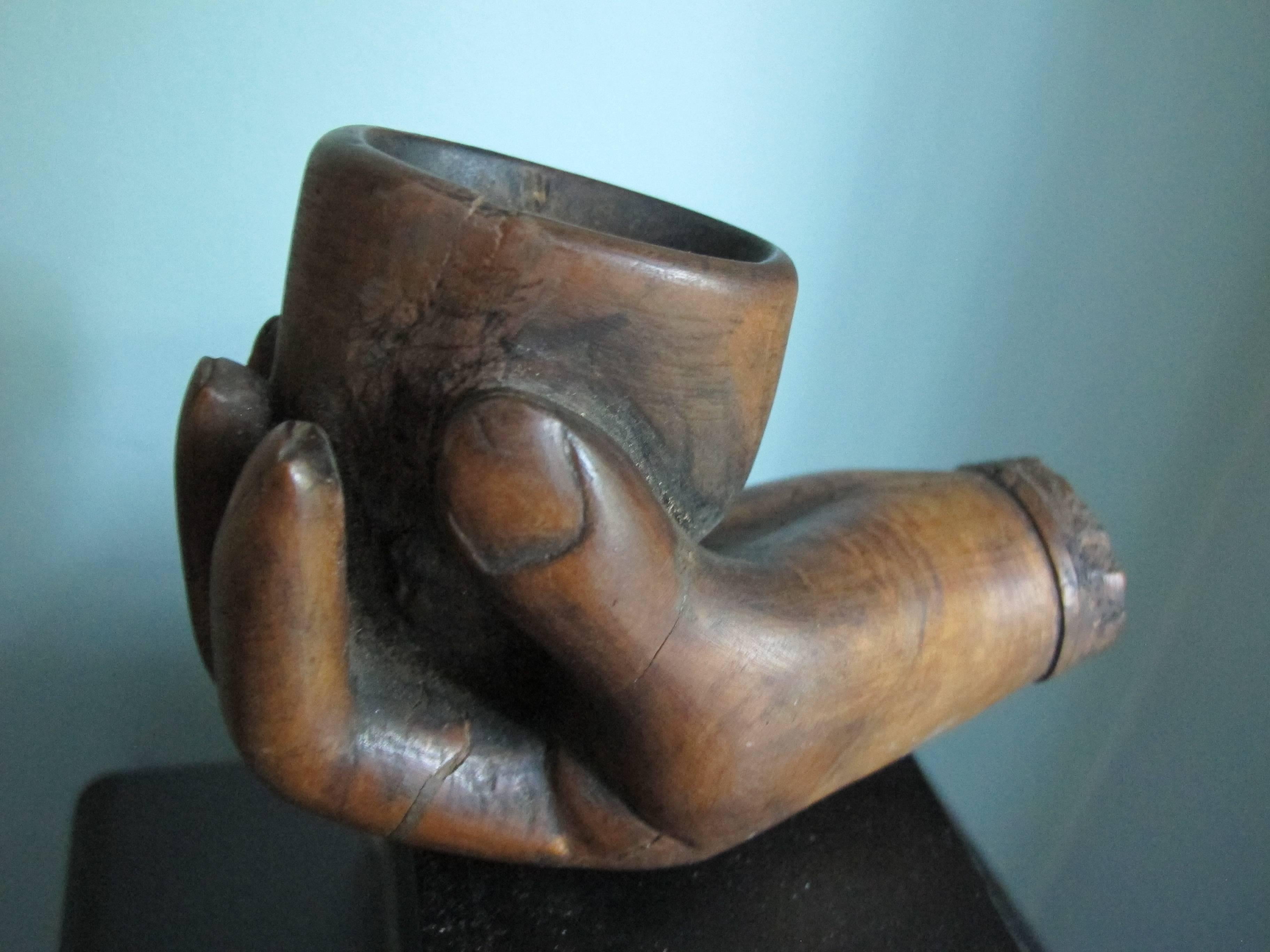 American Carved Hand Holding Wood Pipe For Sale