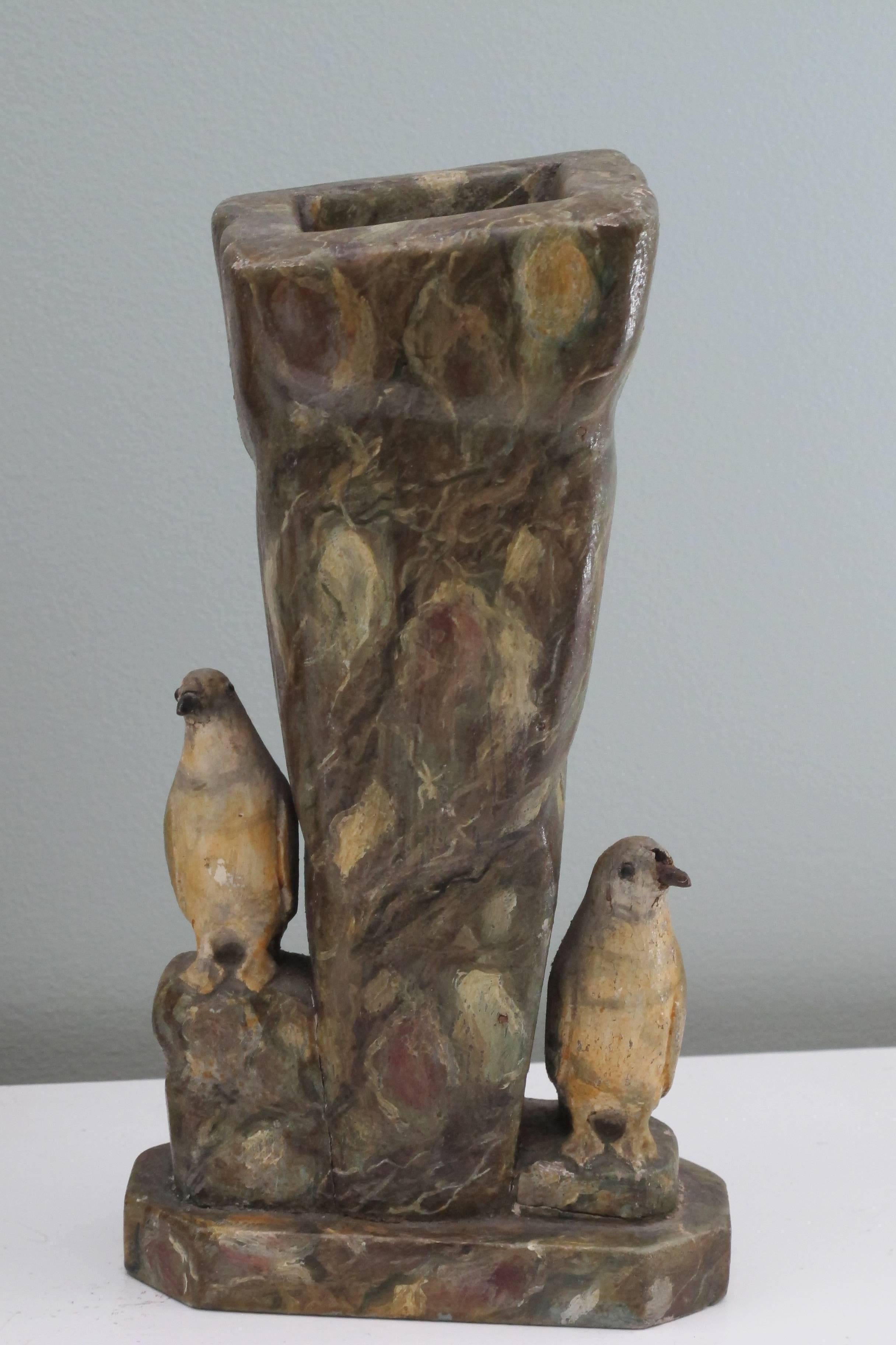 American Wood Polar Bears on Mantle Clock with Pair of Penguins on Vases For Sale