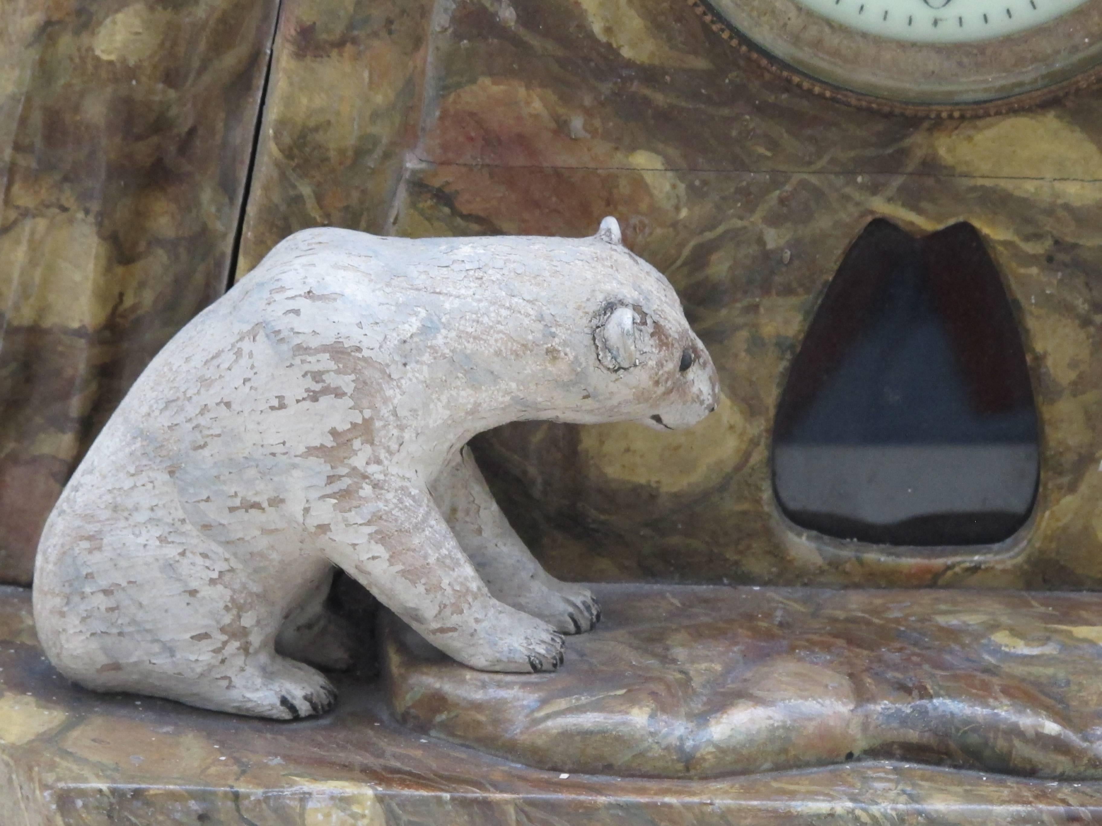 Folk Art Wood Polar Bears on Mantle Clock with Pair of Penguins on Vases For Sale