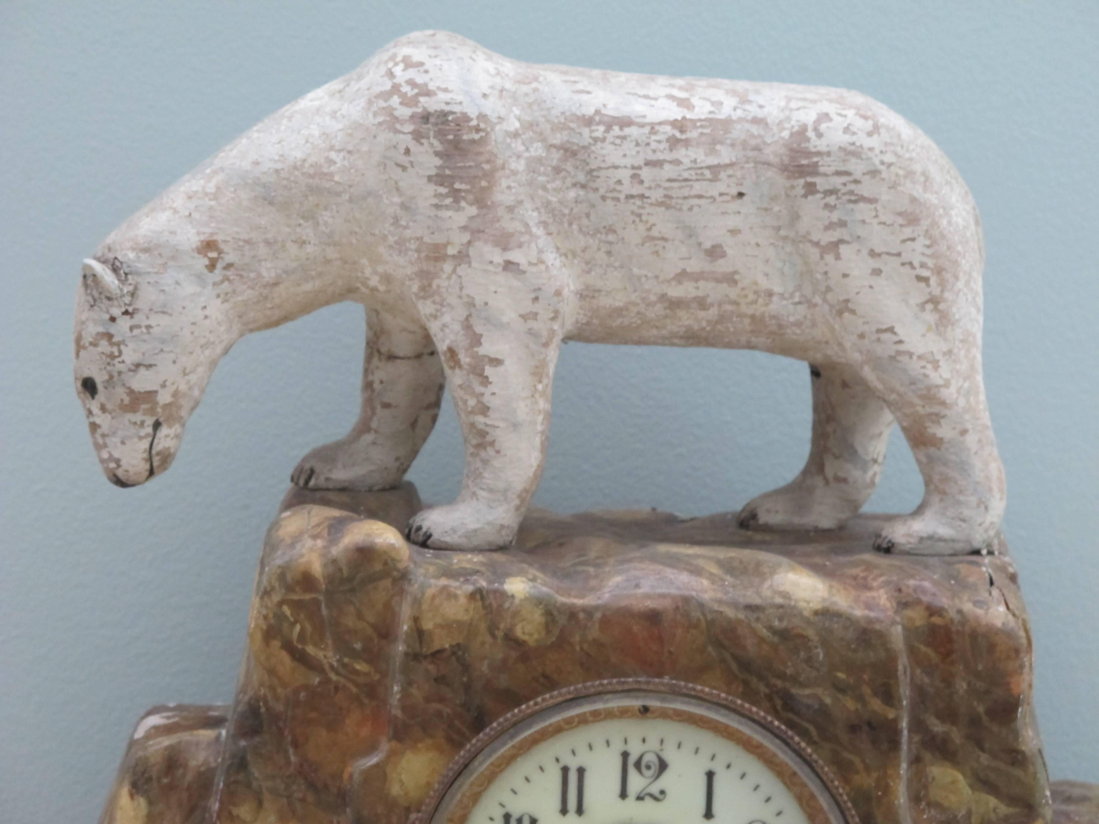 Early 20th Century Wood Polar Bears on Mantle Clock with Pair of Penguins on Vases For Sale