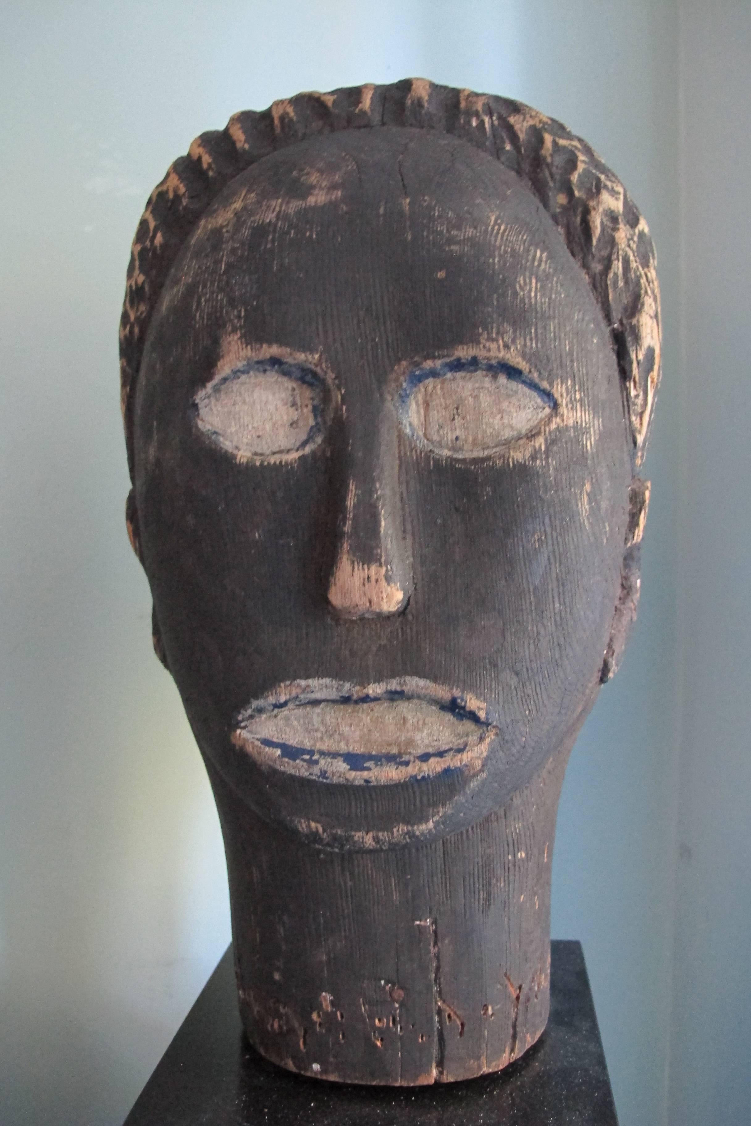 20th Century Black Wood Head Folk Art Sculpture For Sale