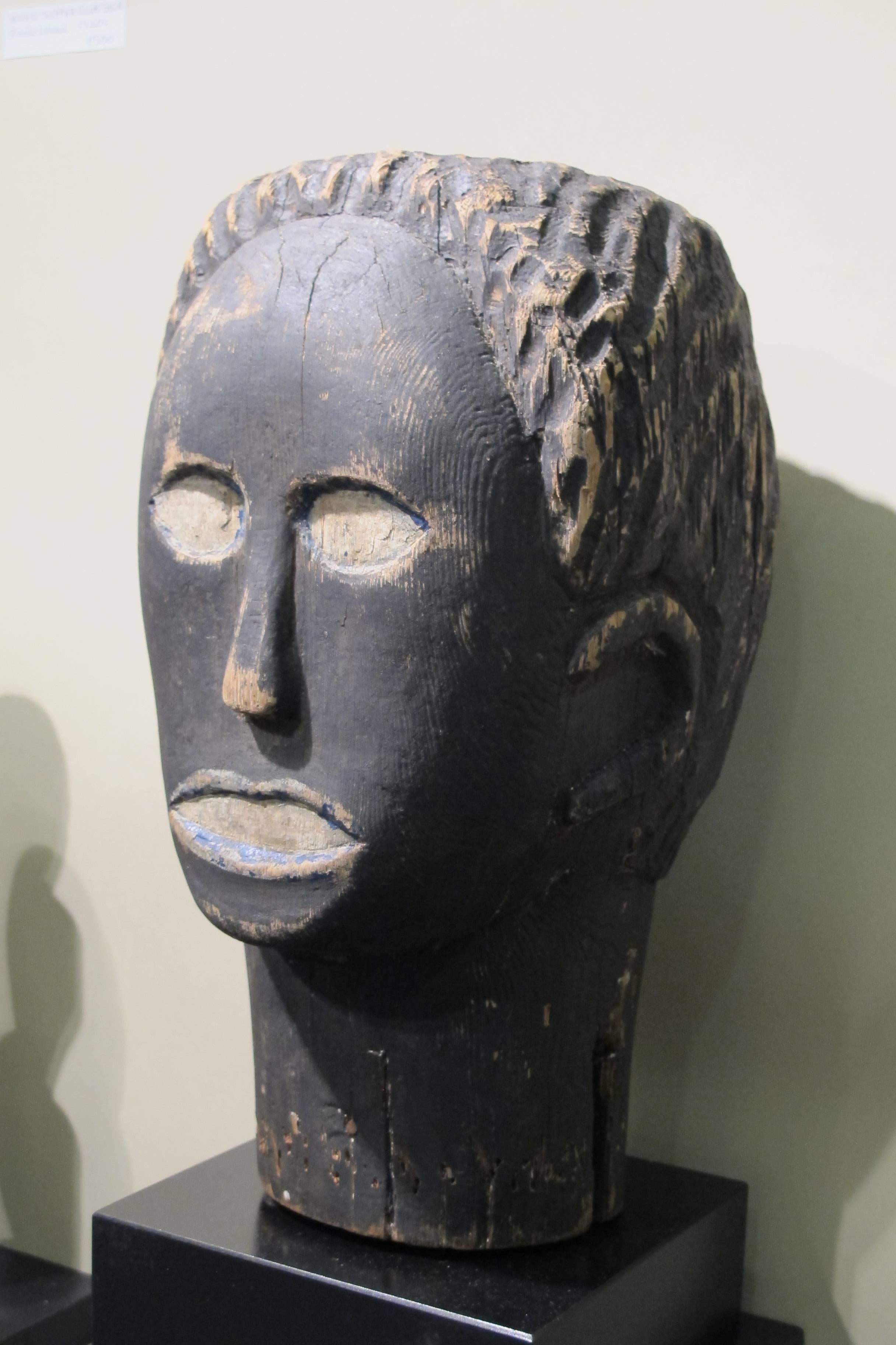Black Wood Head Folk Art Sculpture For Sale 1