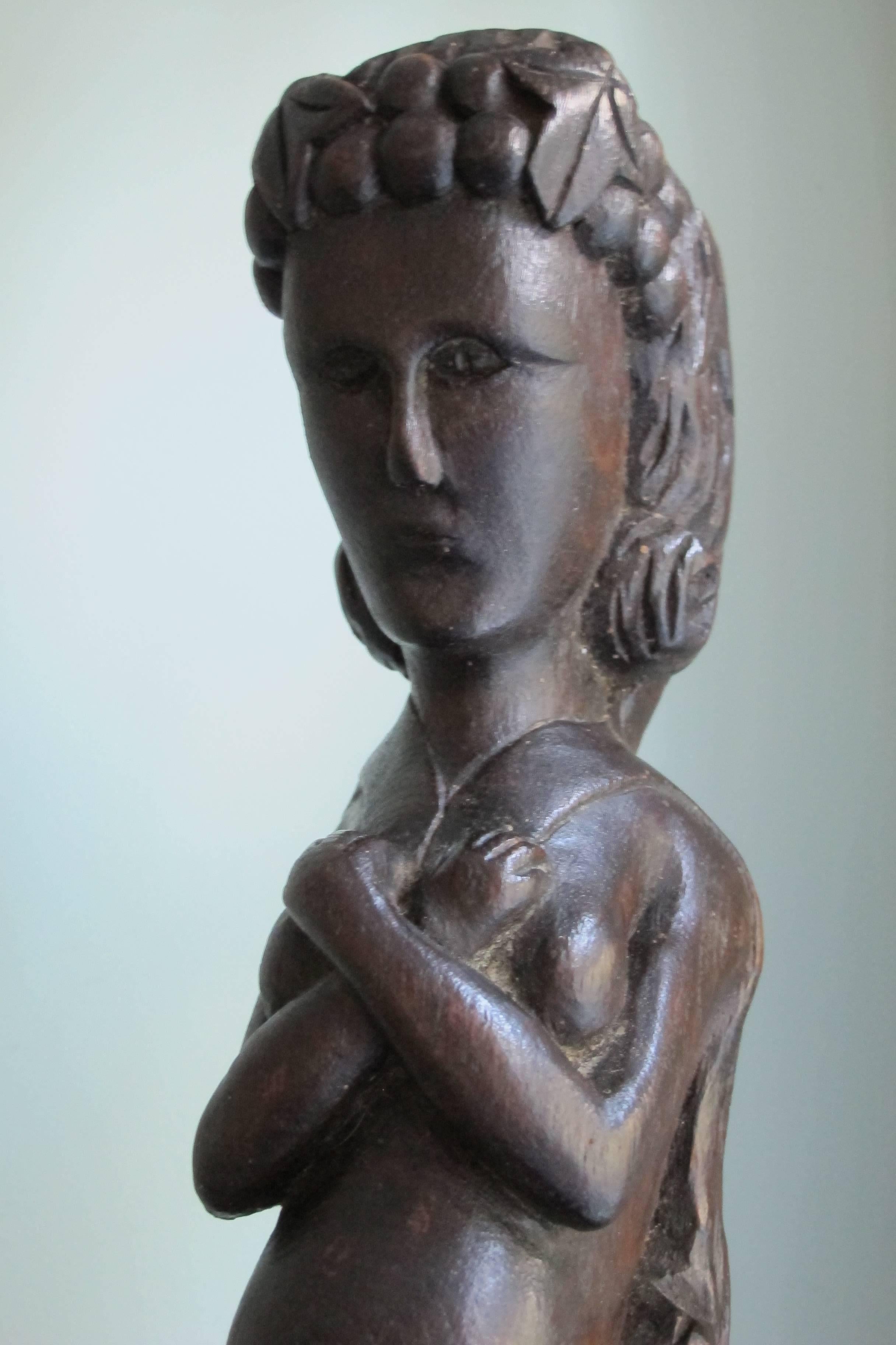 Folk Art Carved Wood Caryatid Figure with Arms Crossed over Breasts For Sale