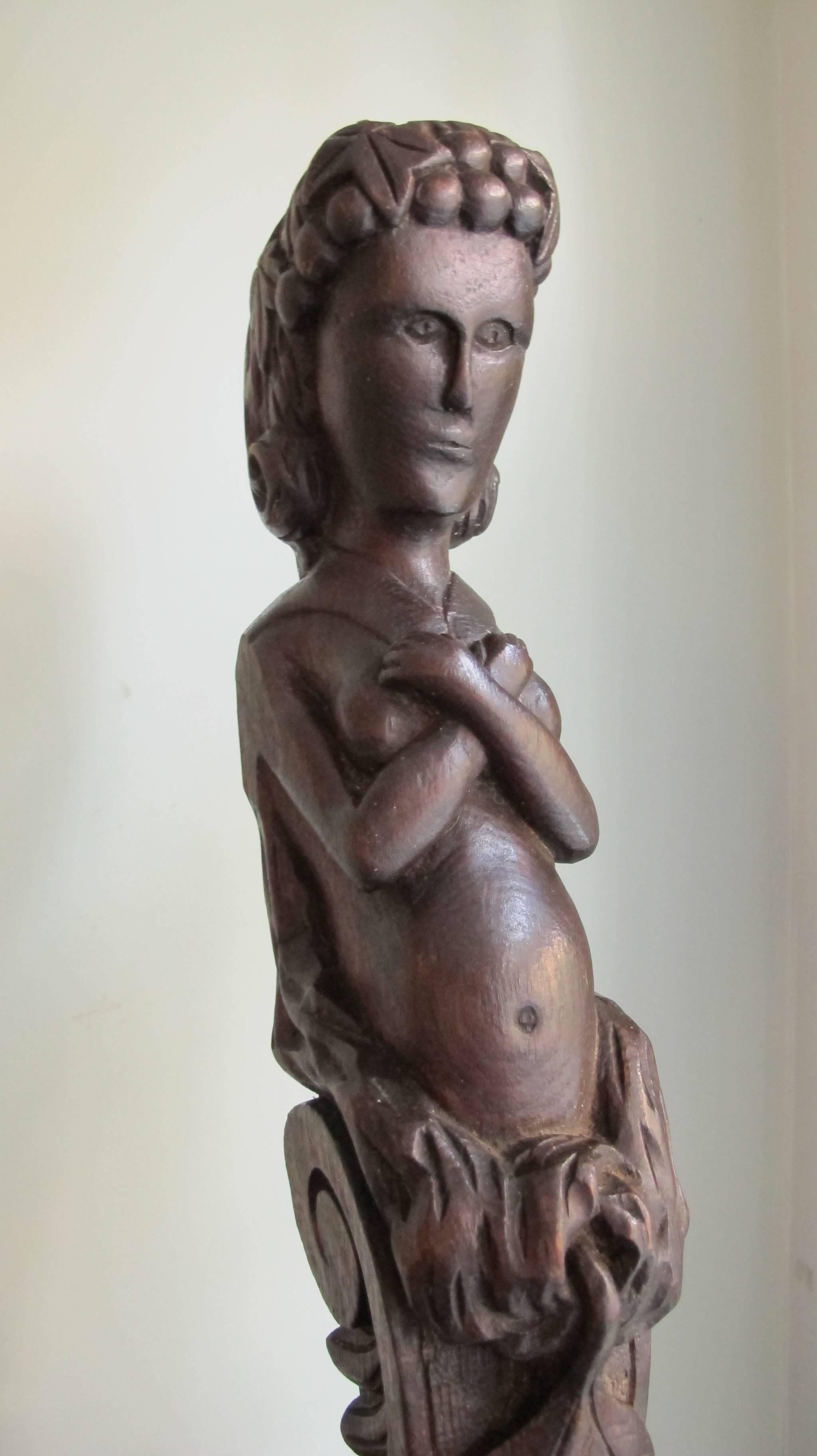 Carved Wood Caryatid Figure with Arms Crossed over Breasts In Excellent Condition For Sale In New York, NY