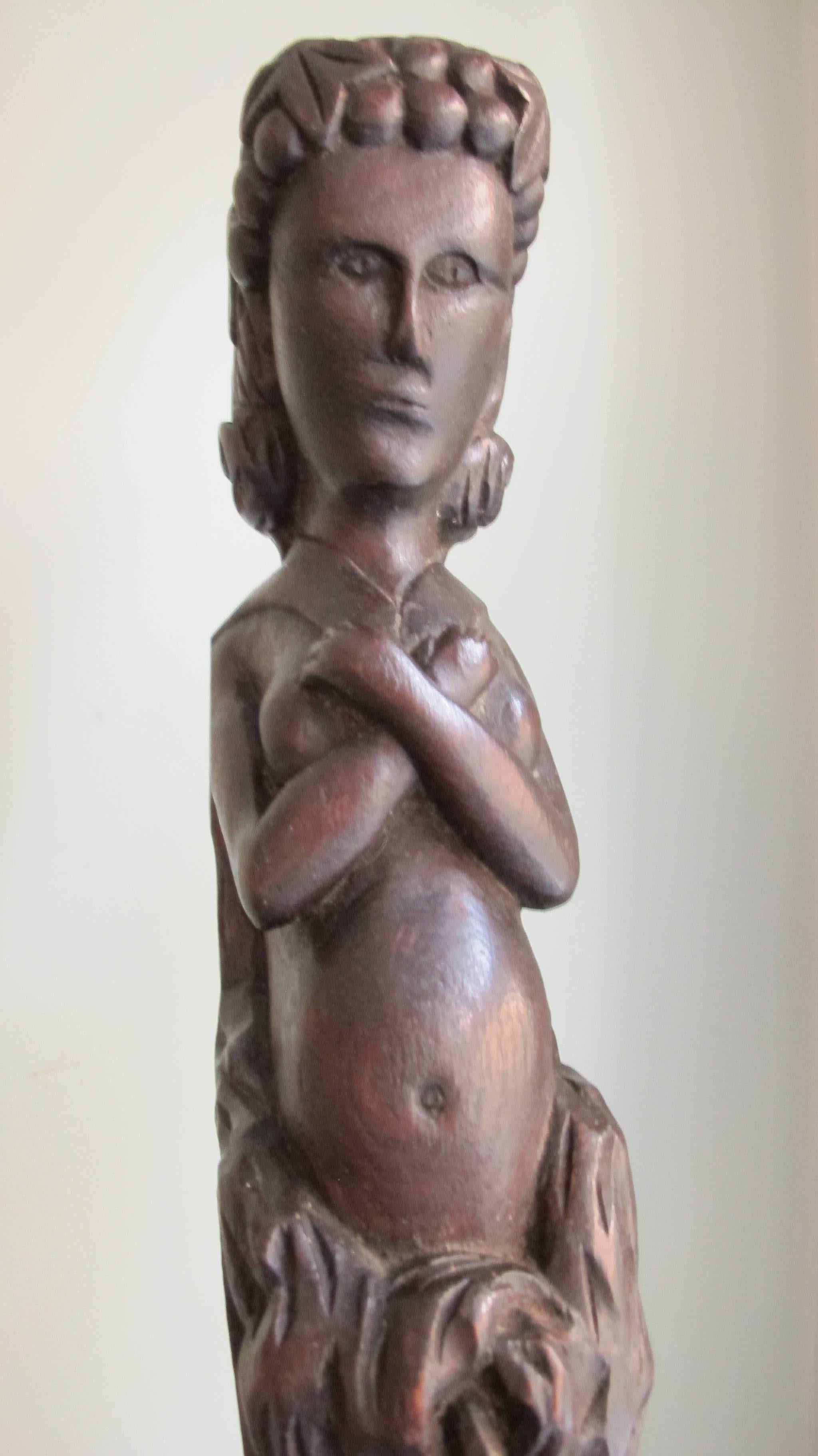 Carved Wood Caryatid Figure with Arms Crossed over Breasts For Sale 1