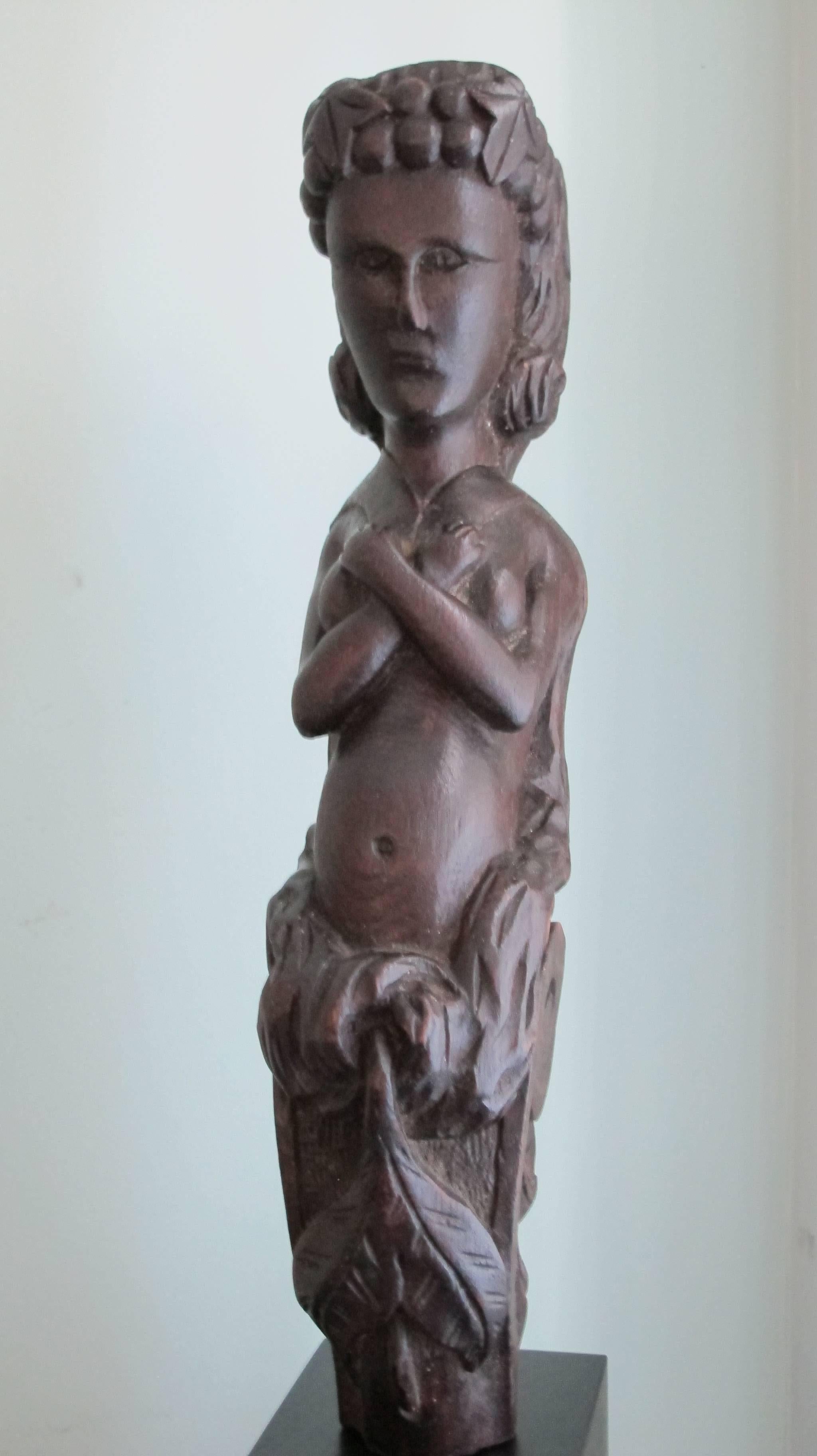 Carved Wood Caryatid Figure with Arms Crossed over Breasts For Sale 2