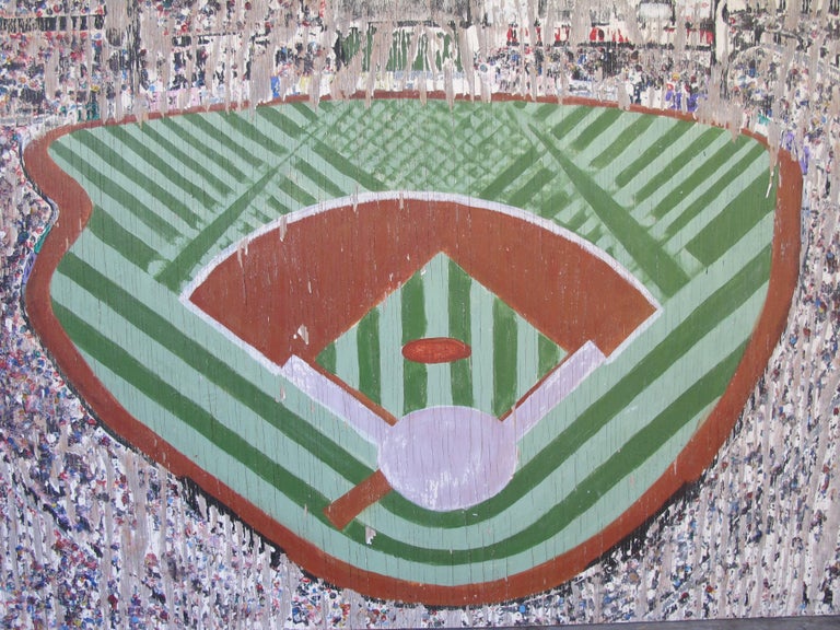 An outdoor painting from a group of anonymous panels depicting Busch stadium and the St Louis skyline. What elevated the painting is the abstract depiction of the ballpark and the patterning of how the grass was mowed. The skyline is more