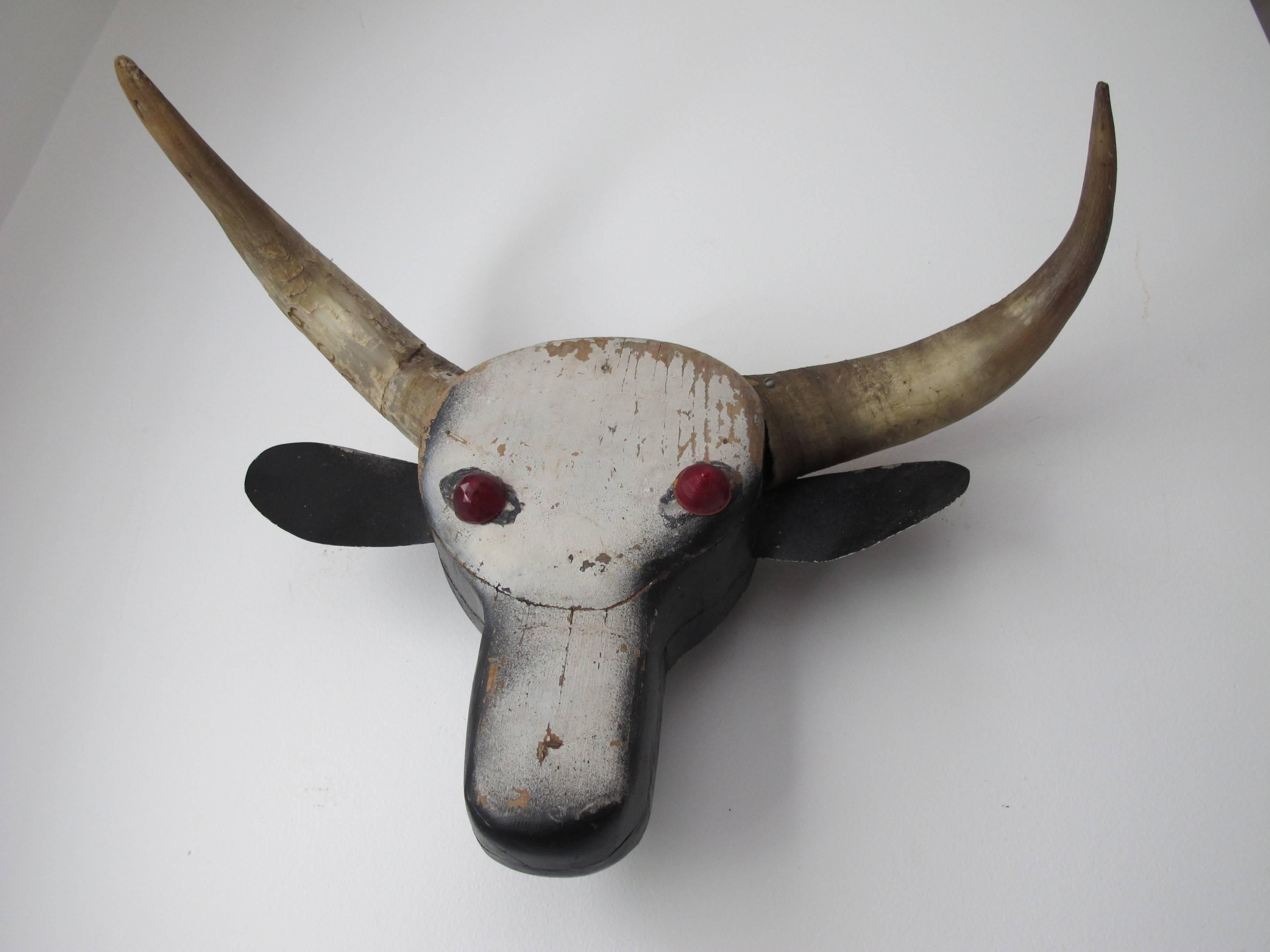 Painted Steer Head Folk Art Wall Sculpture For Sale