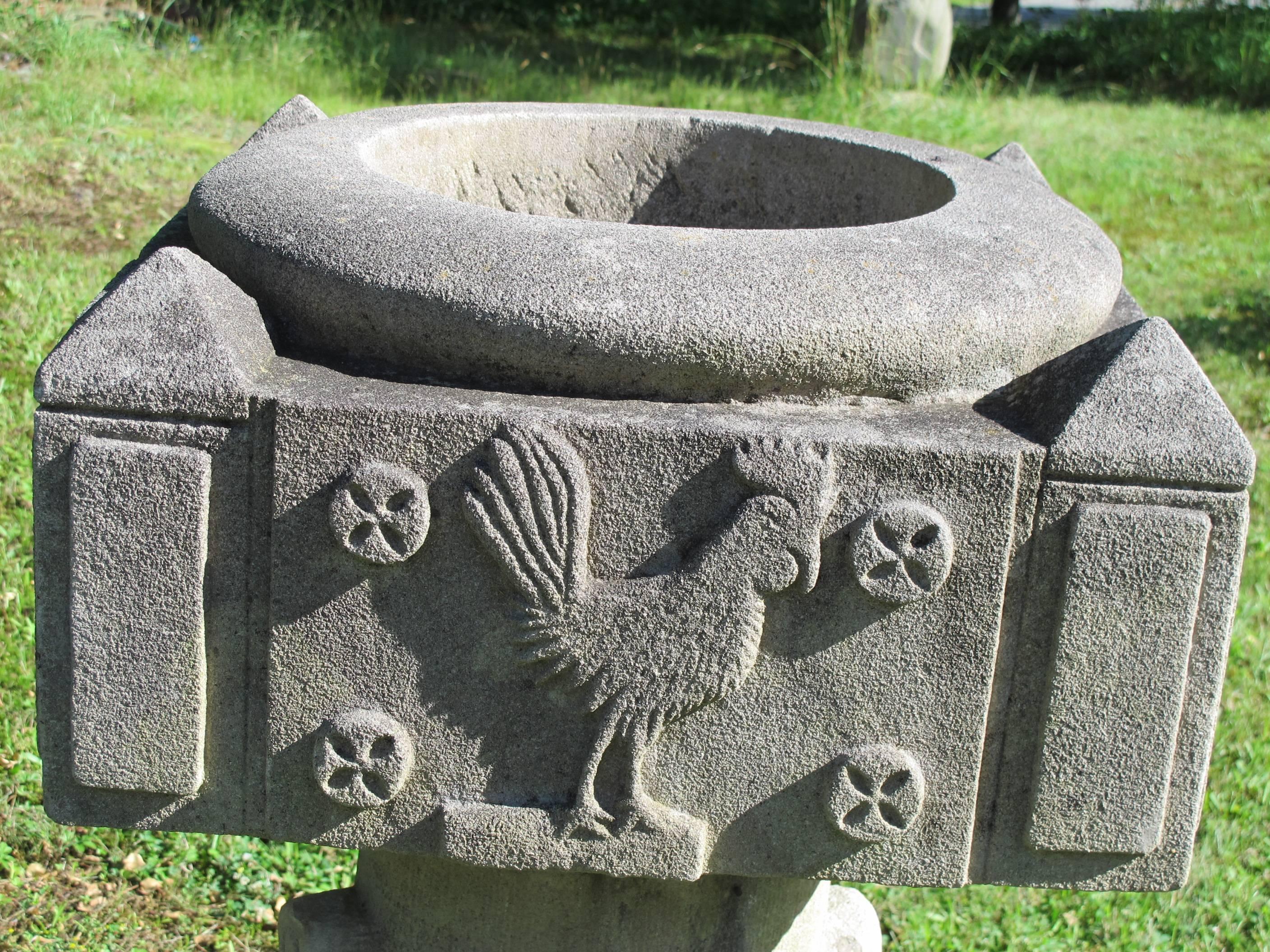 Folk Art Limestone Planter with Carved Horse Rooster Cow Snake and Bird For Sale