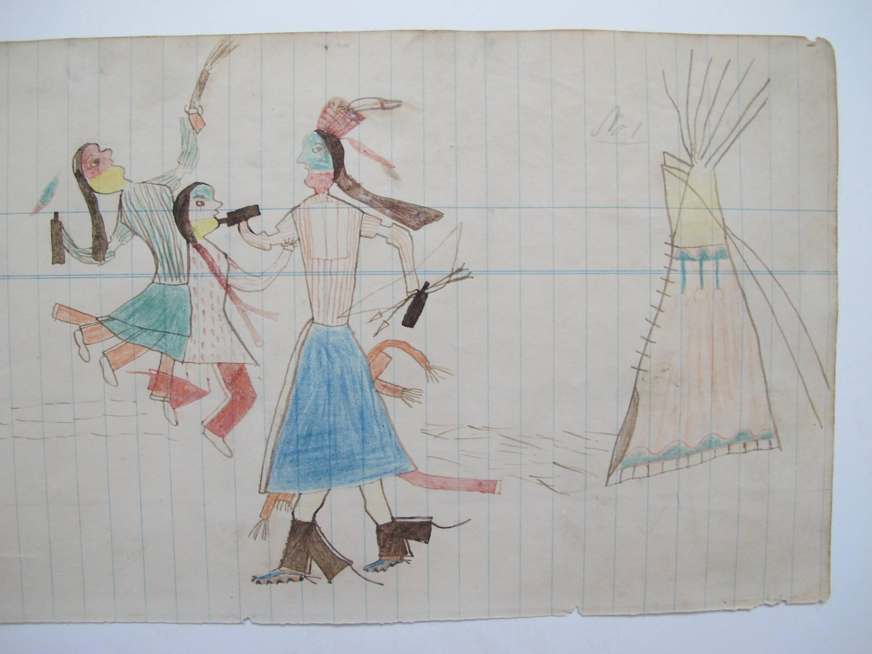 Unusual ledger drawing with three Indians drinking and one firing in the air. The Indians with face paint are animated between two tipis holding black bottles. Picture not framed.
From a private collection and originally purchased from Pace Gallery
